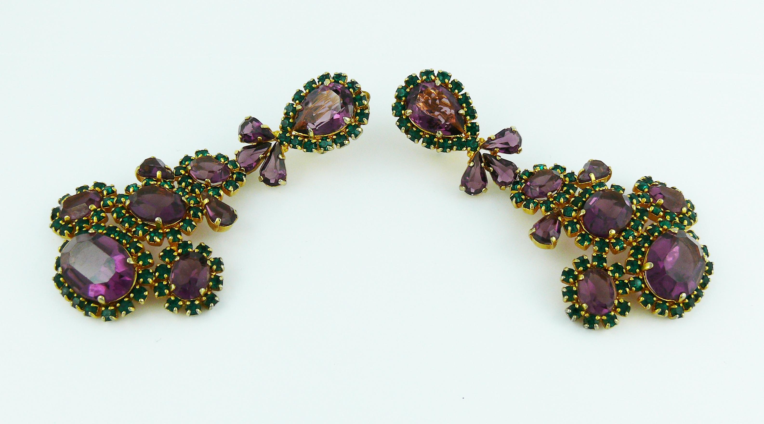 Christian Dior Vintage Massive Purple and Green Crystal Dangling Earrings 1
