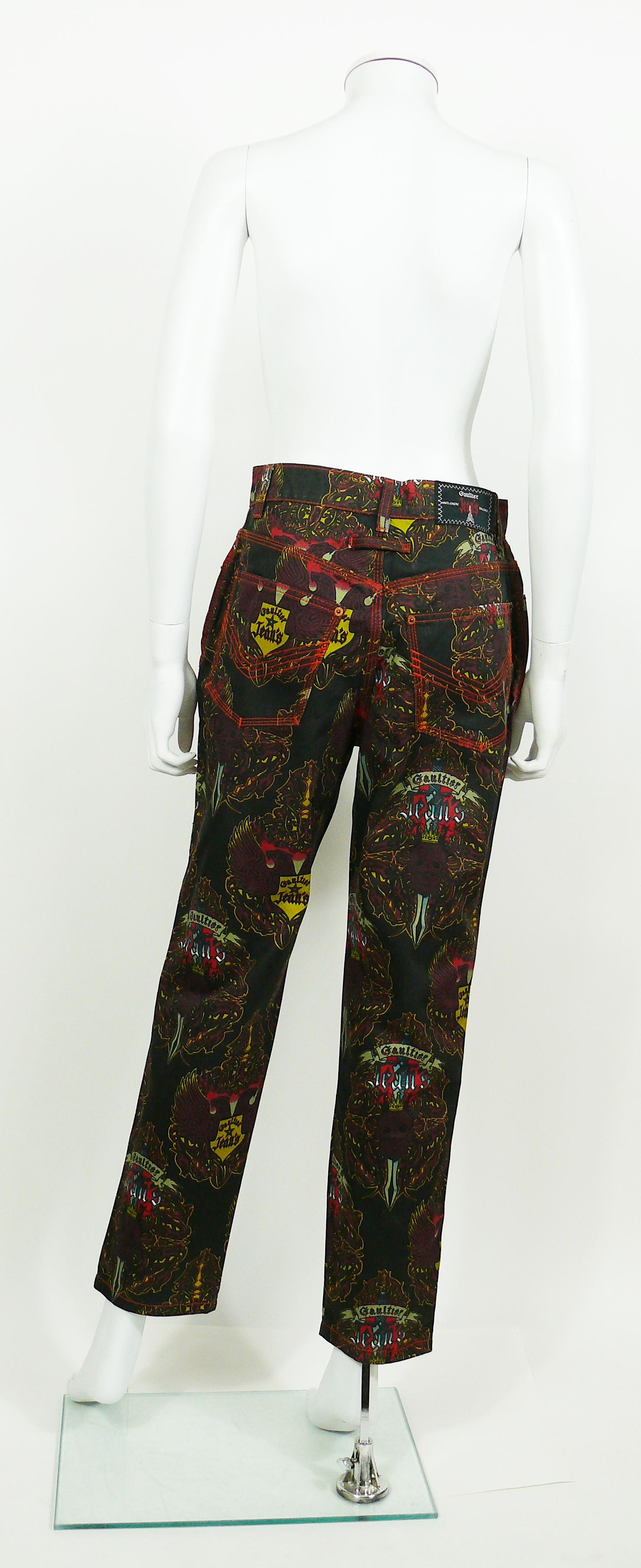 Black Jean Paul Gaultier Vintage Crowned Skull and Eagle Print Pants Trousers For Sale