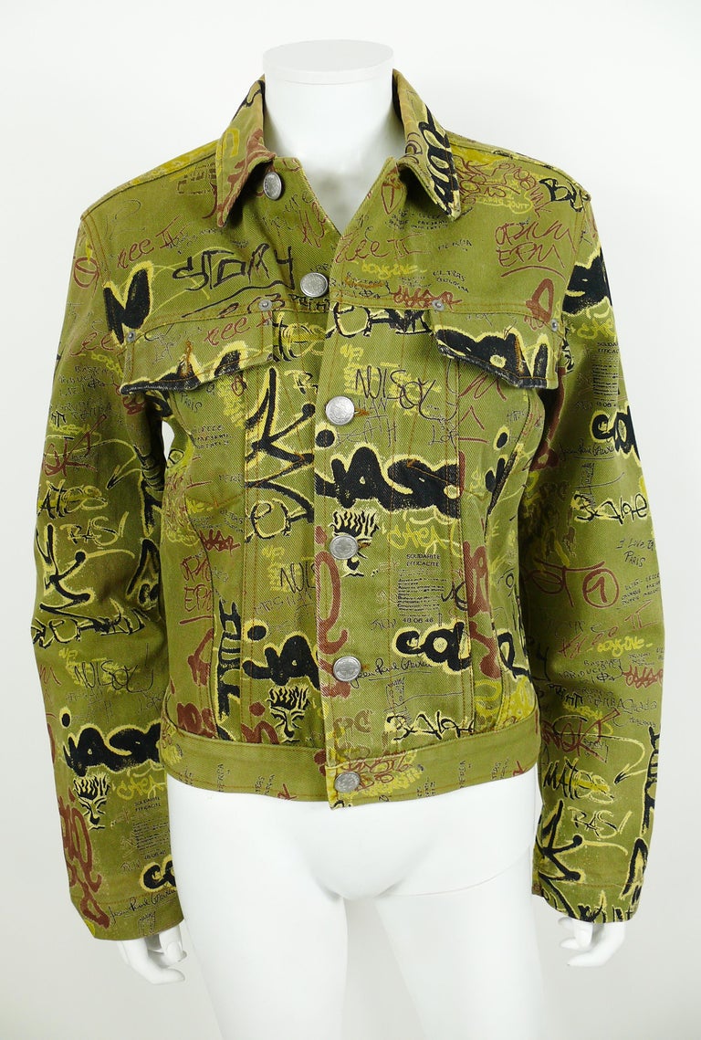 Jean Paul Gaultier Vintage Graffiti Print Khaki Denim Jacket Size S at ...