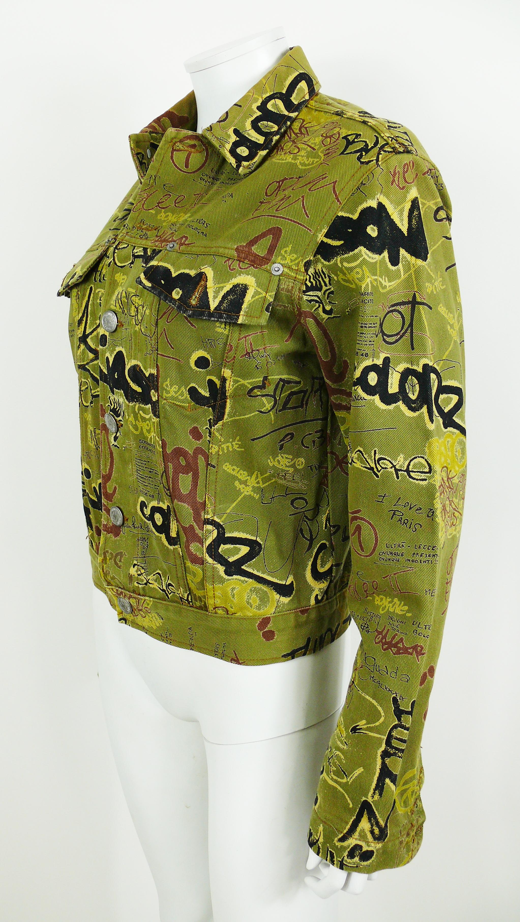 Jean Paul Gaultier Vintage Graffiti Print Khaki Denim Jacket Size S In Good Condition In Nice, FR