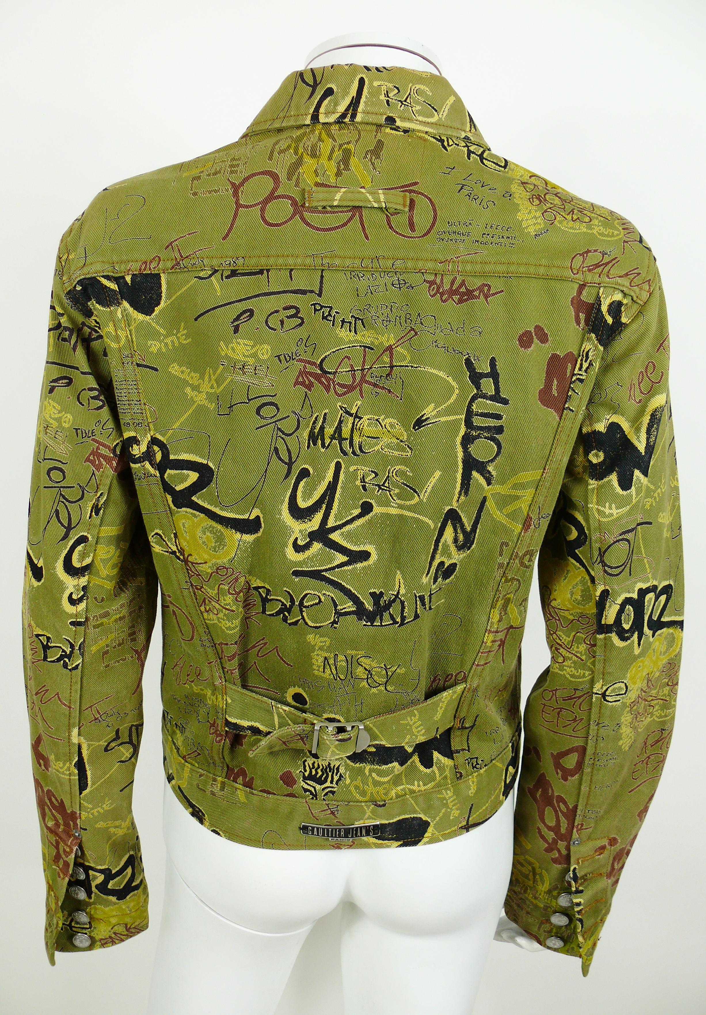 Women's or Men's Jean Paul Gaultier Vintage Graffiti Print Khaki Denim Jacket Size S