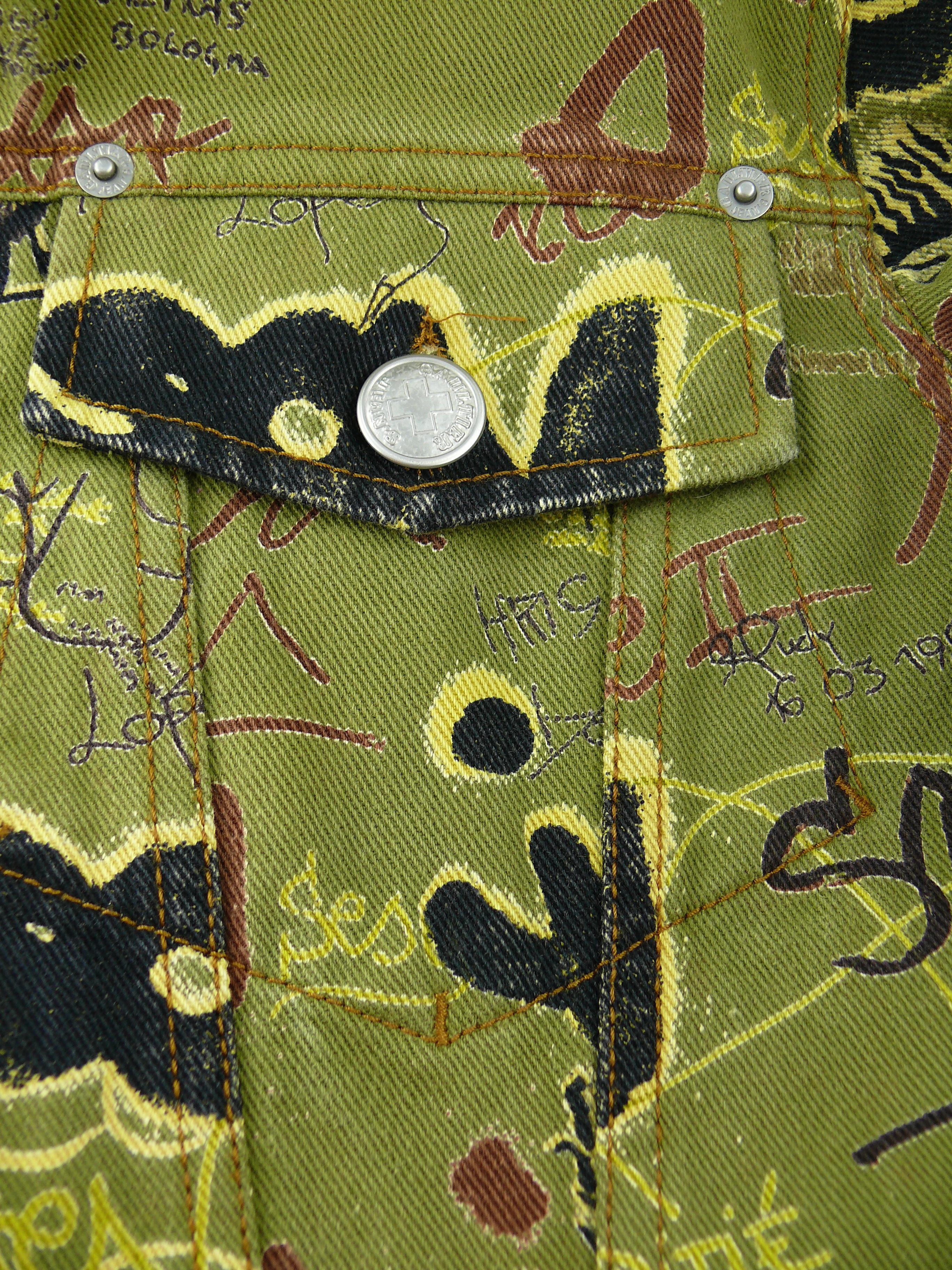 Brown Jean Paul Gaultier Vintage Graffiti Print Khaki Denim Jacket Size S