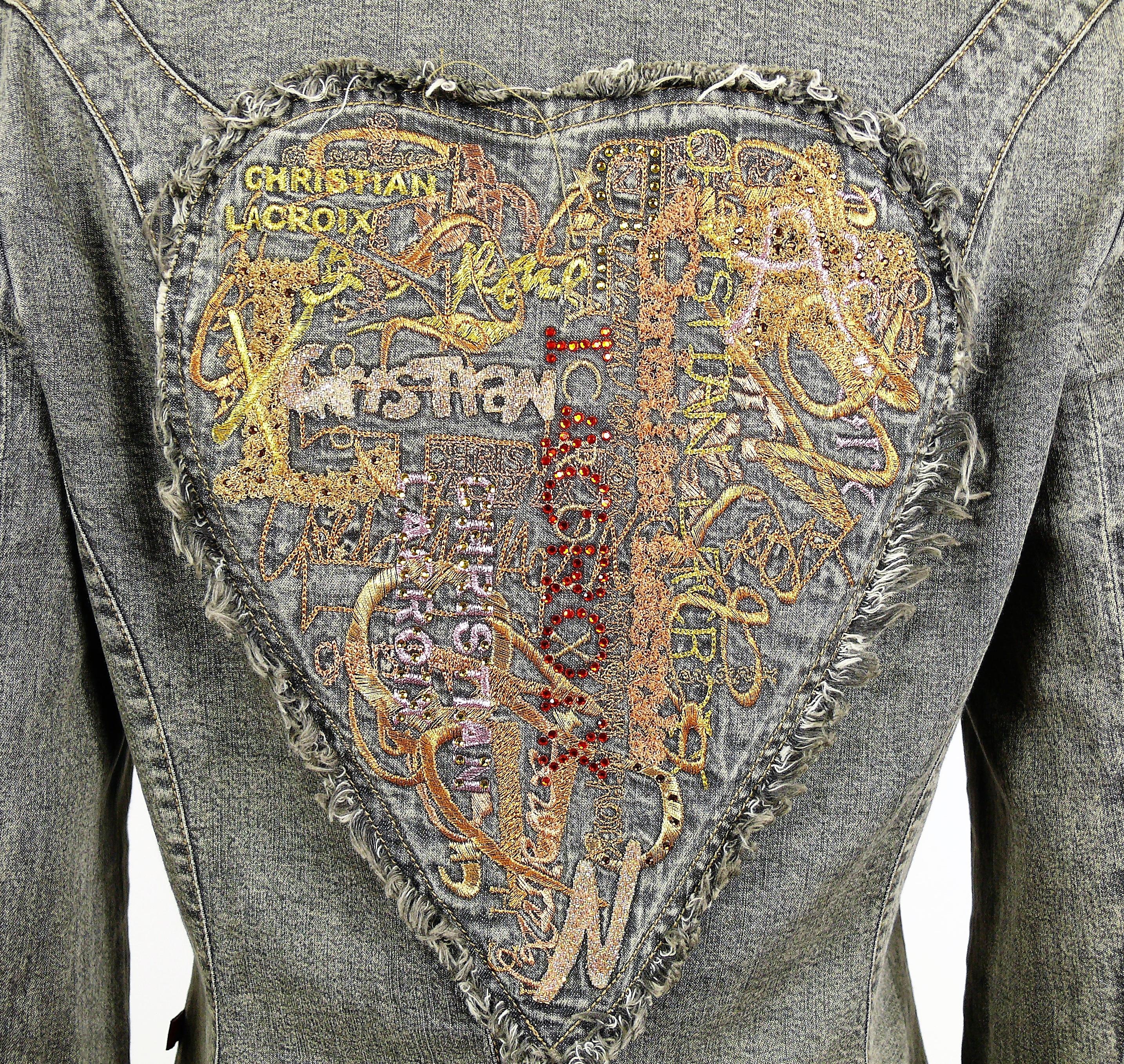 Women's Christian Lacroix Vintage Embroidered and Jeweled Heart Denim Jacket For Sale