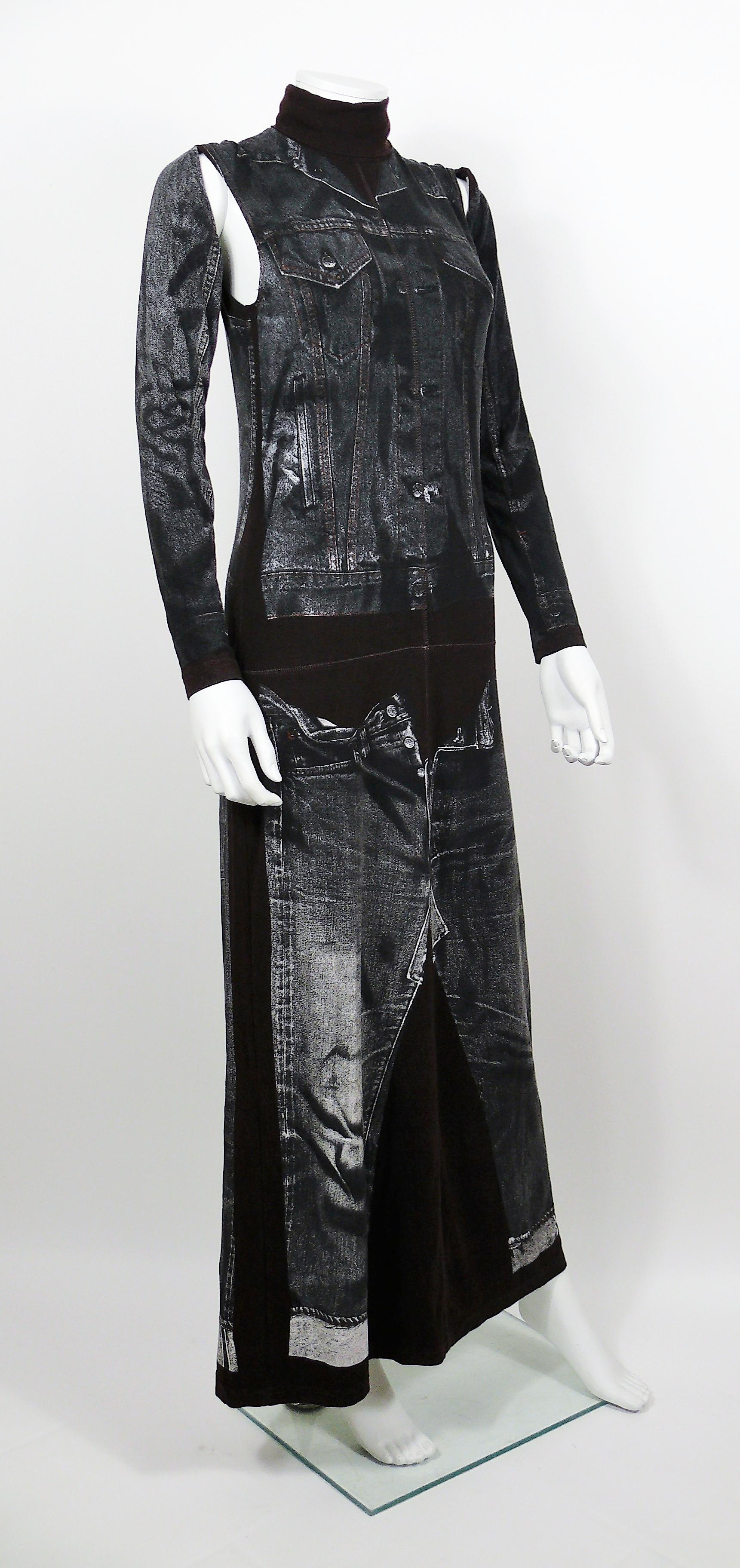 JEAN PAUL GAULTIER rare maxi jersey dress with detachable sleeves featuring an x-ray screen trompe l’œil jean jacket and jeans on the front and back.

This dress features :
- Plum jersey background featuring distressed black/white x-ray screen