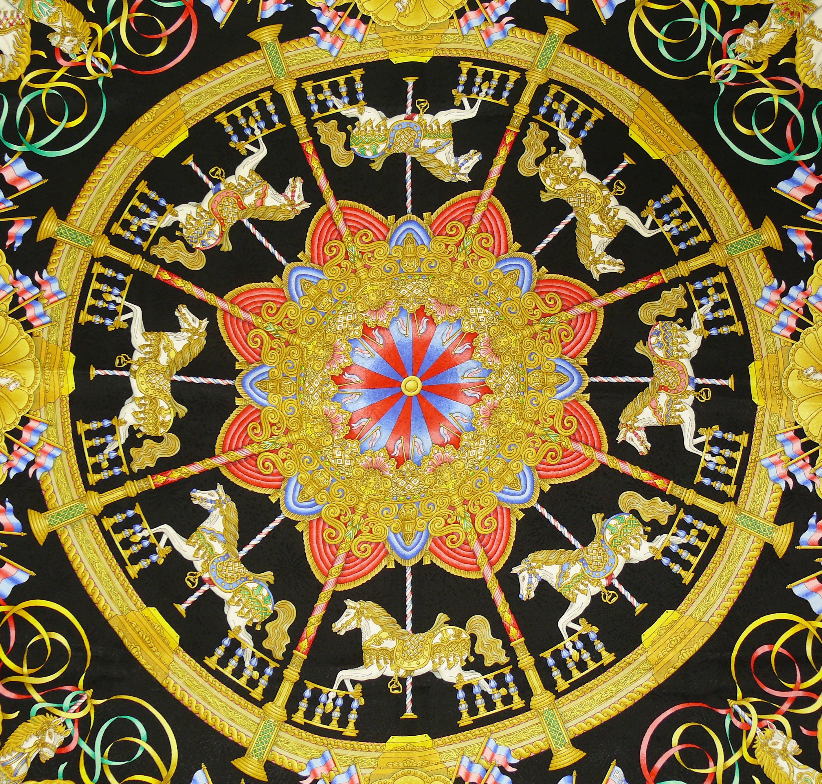 HERMES silk jacquard carré LUNA PARK featuring an opulent and multicolored intricated design of carousel horses on a black background.

First issued in 1993.

Designed by JOACHIM METZ.

This scarf features :
- Hand rolled borders.
- Plump hems.
-