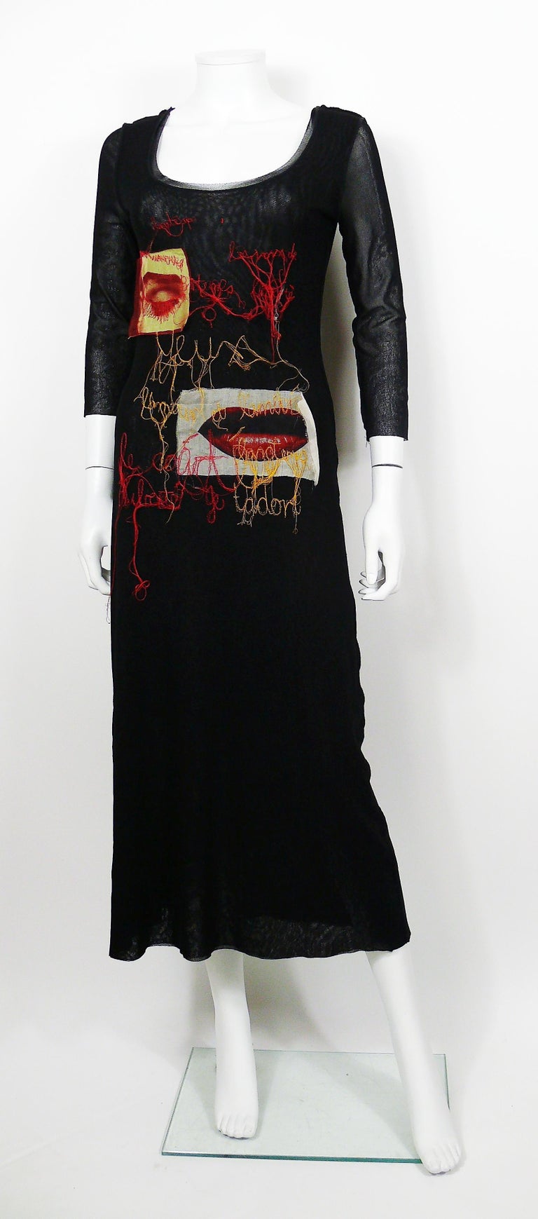 Black Jean Paul Gaultier Vintage Mesh Dress with Eye and Mouth Appliques Size L For Sale