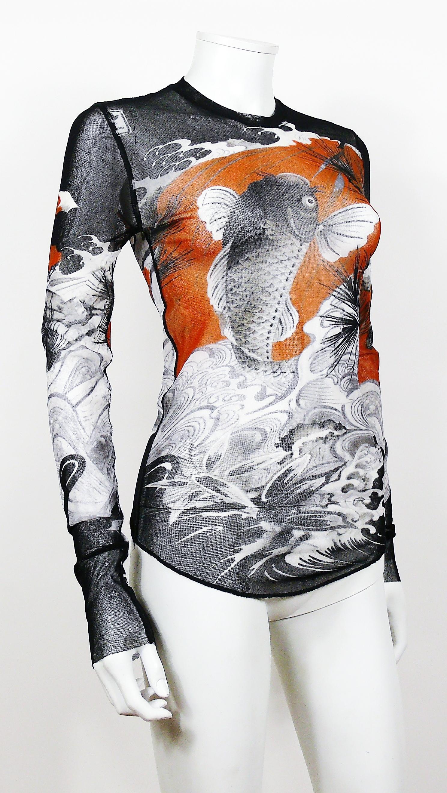 JEAN PAUL GAULTIER vintage koi tattoo mesh top. 

Label reads JEAN PAUL GAULTIER Soleil.

Size label reads : XS.
Please refer to measurements.

Composition tag reads : 100% Nylon.

Indicative measurements taken laid flat and unstretched (double