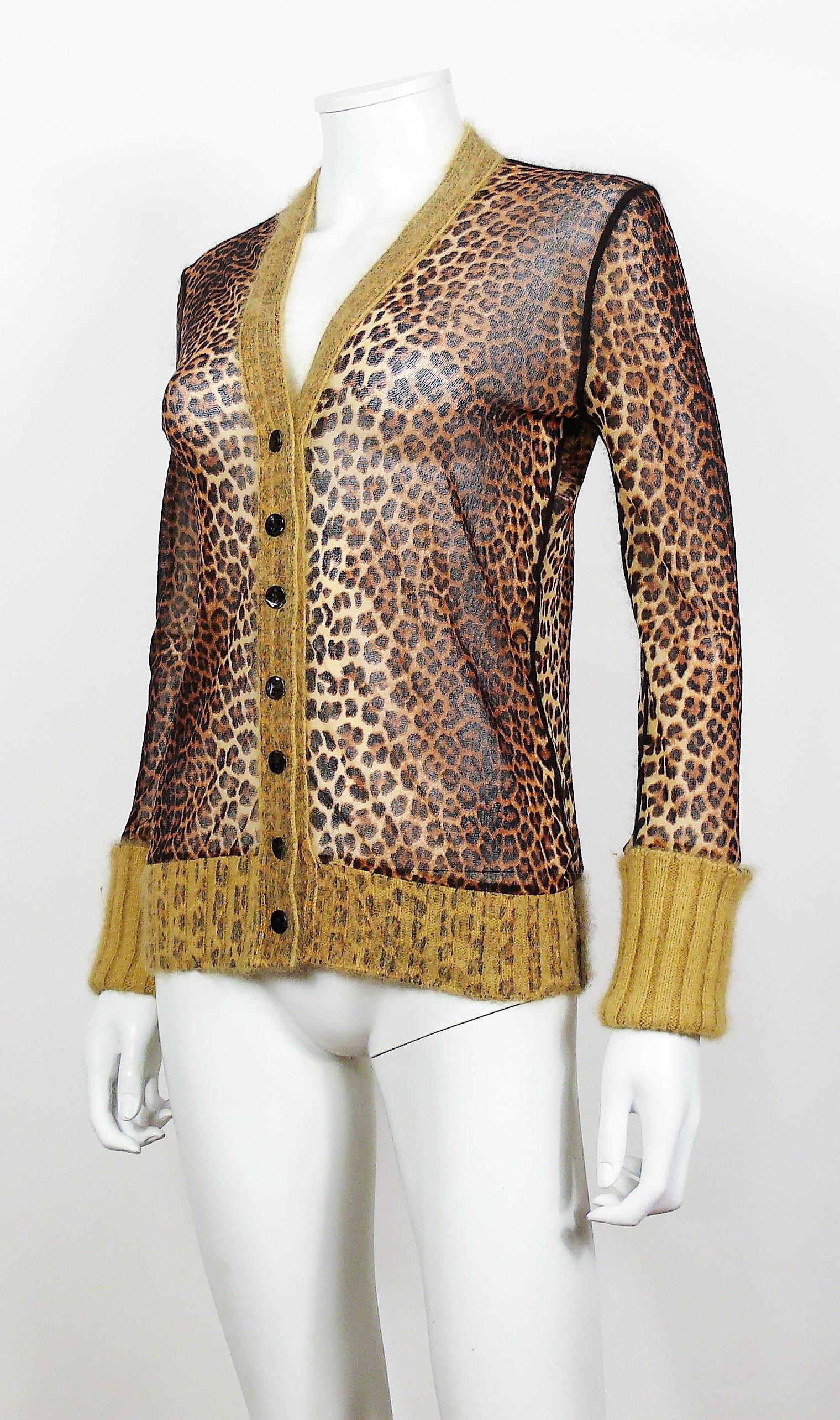 Jean Paul Gaultier Cheetah Print Cardigan with Angora Trim Size M In Good Condition In Nice, FR