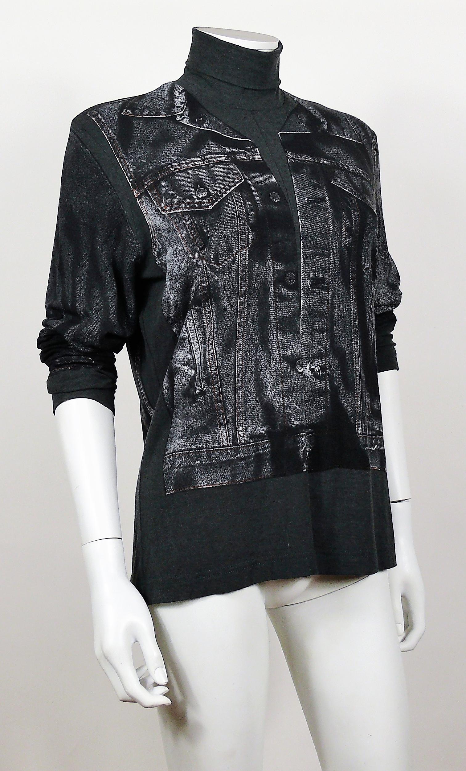 JEAN PAUL GAULTIER vintage top featuring an x-ray screen trompe l’œil jean jacket on front and back.

This top features :
- Dark grey jersey background featuring distressed black/white x-ray screen trompe l’œil jean jacket print.
- Stretchy