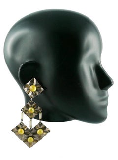 Paco Rabanne Vintage Creased Metal and Resin Cabochon Chandelier Earrings