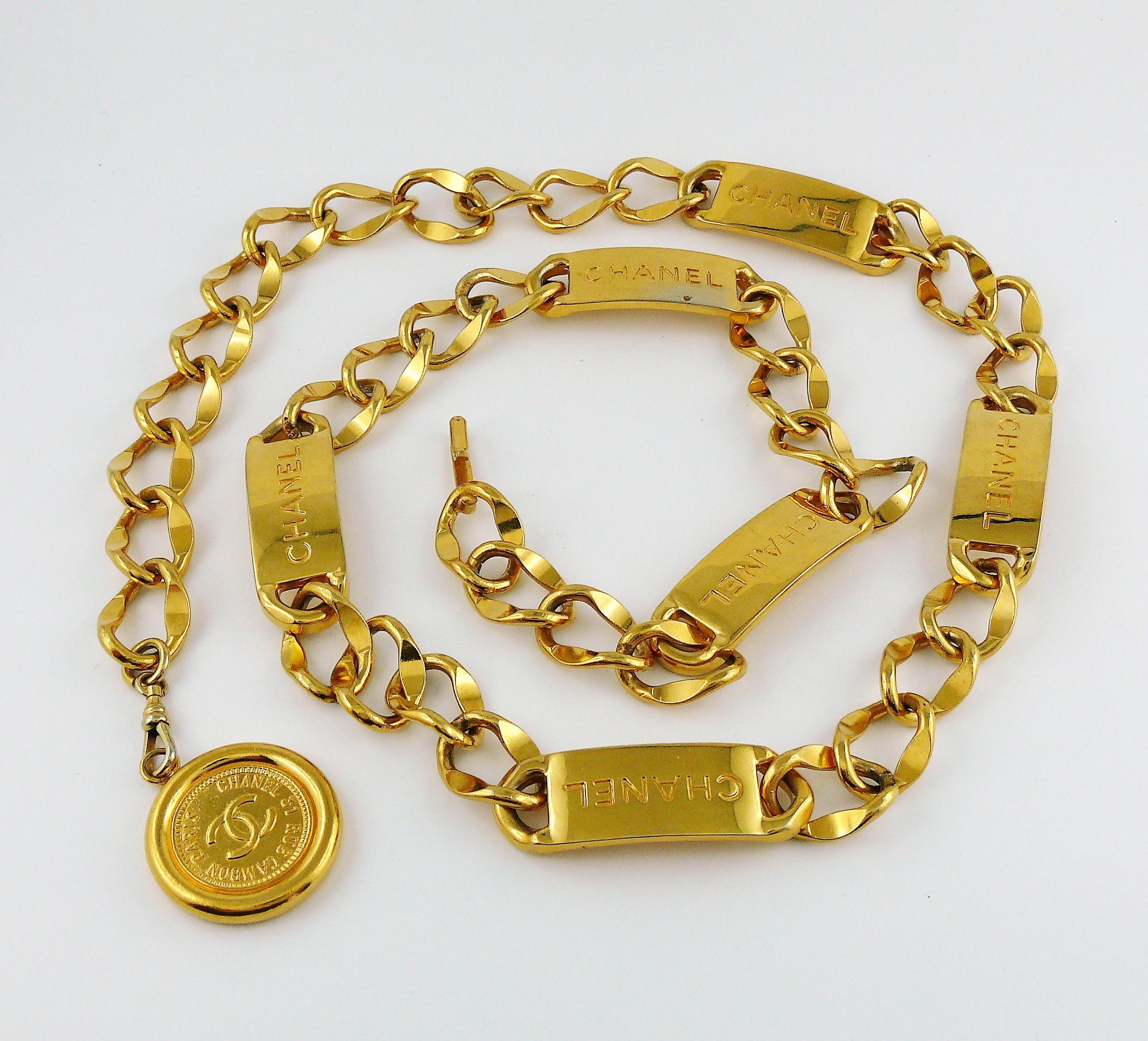 Brown Chanel Vintage Gold Toned Signature ID Plate Chain Belt Necklace
