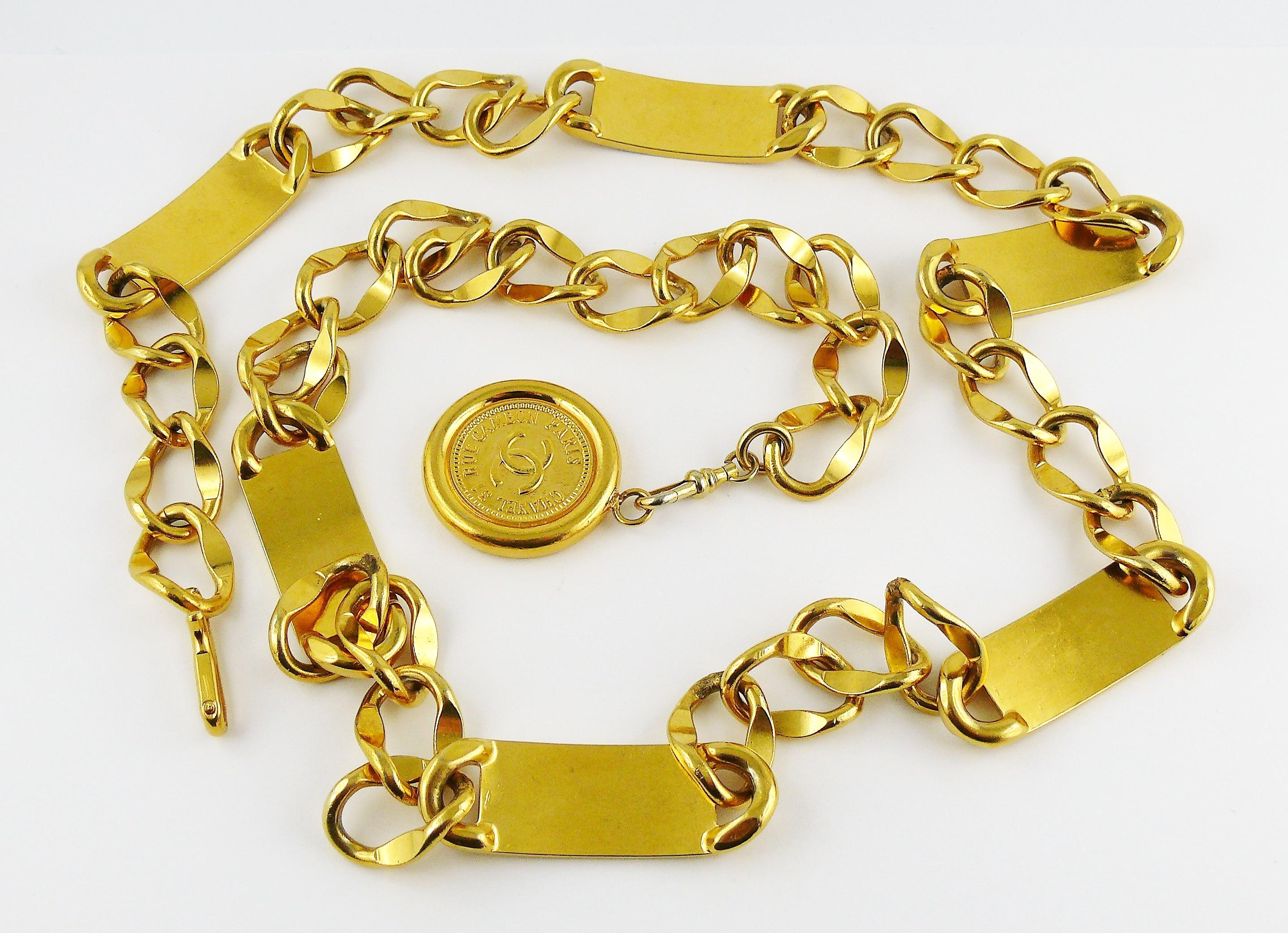 Chanel Vintage Gold Toned Signature ID Plate Chain Belt Necklace 9