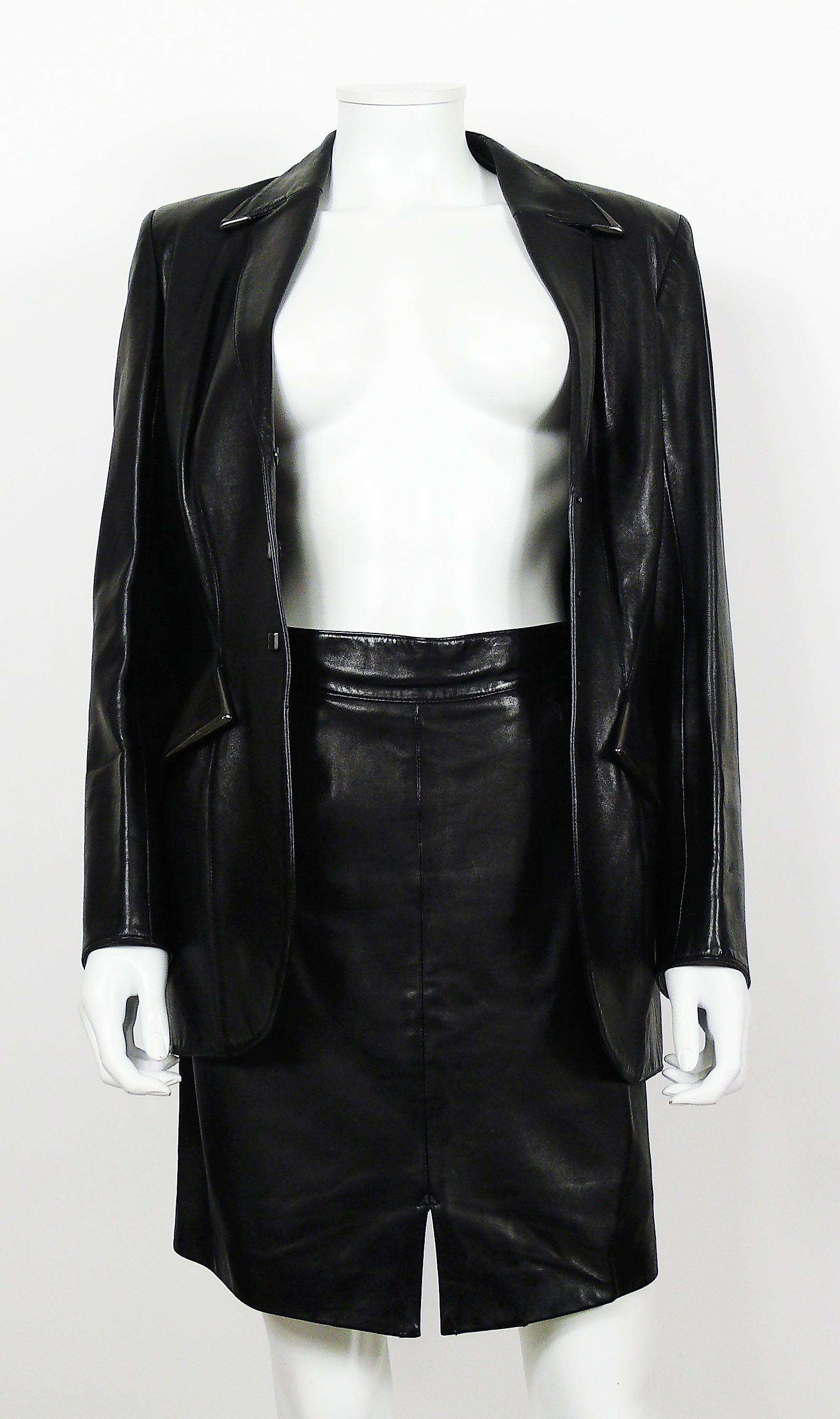 Thierry Mugler Couture Vintage Black Lambskin Leather Skirt Suit In Good Condition For Sale In Nice, FR