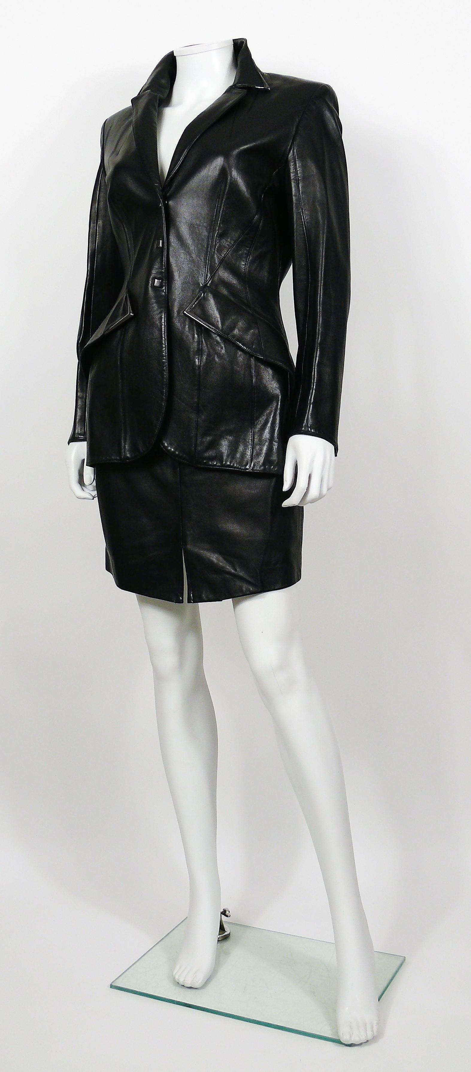 Women's Thierry Mugler Couture Vintage Black Lambskin Leather Skirt Suit For Sale