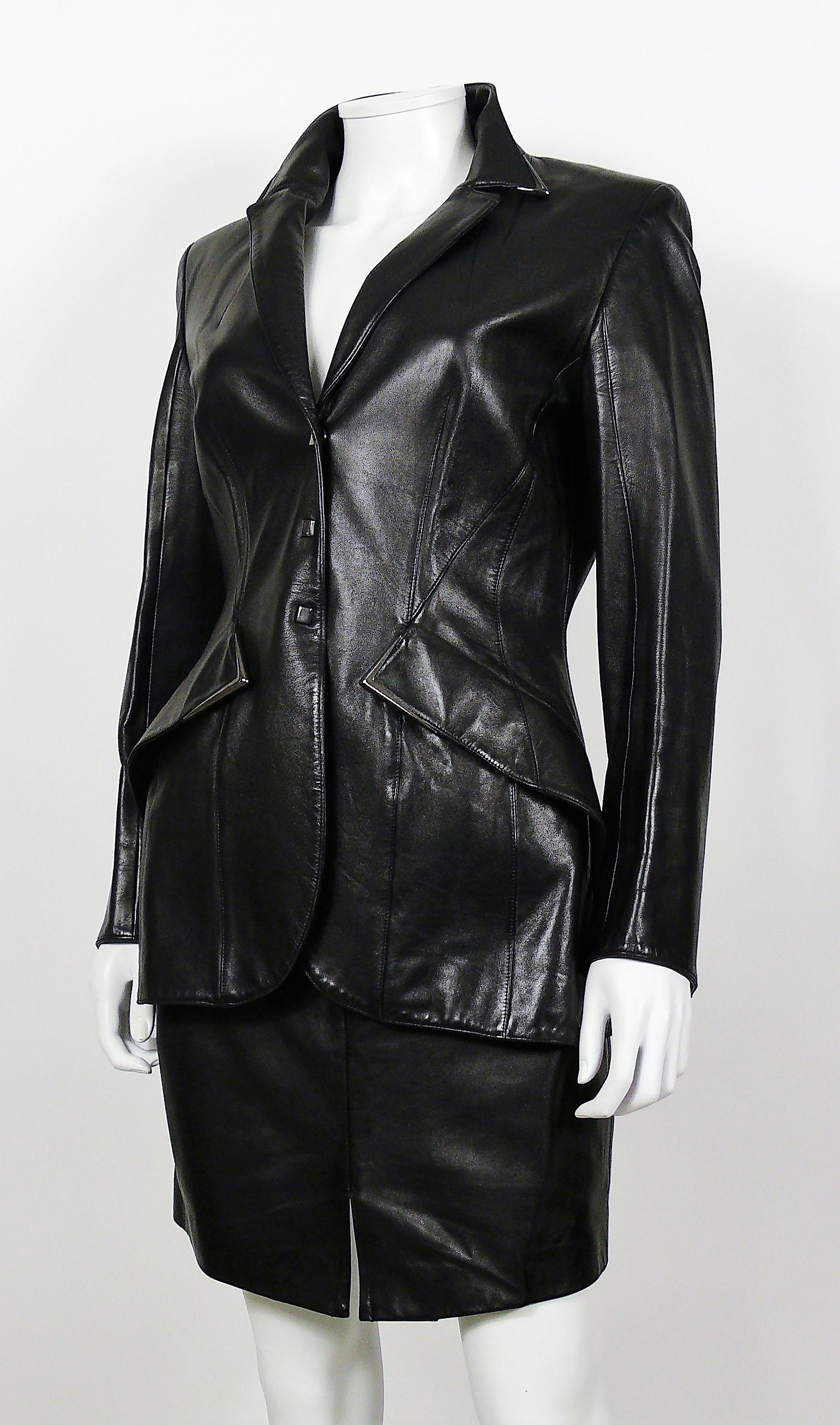 Thierry Mugler Couture Vintage Black Lambskin Leather Skirt Suit For Sale 1