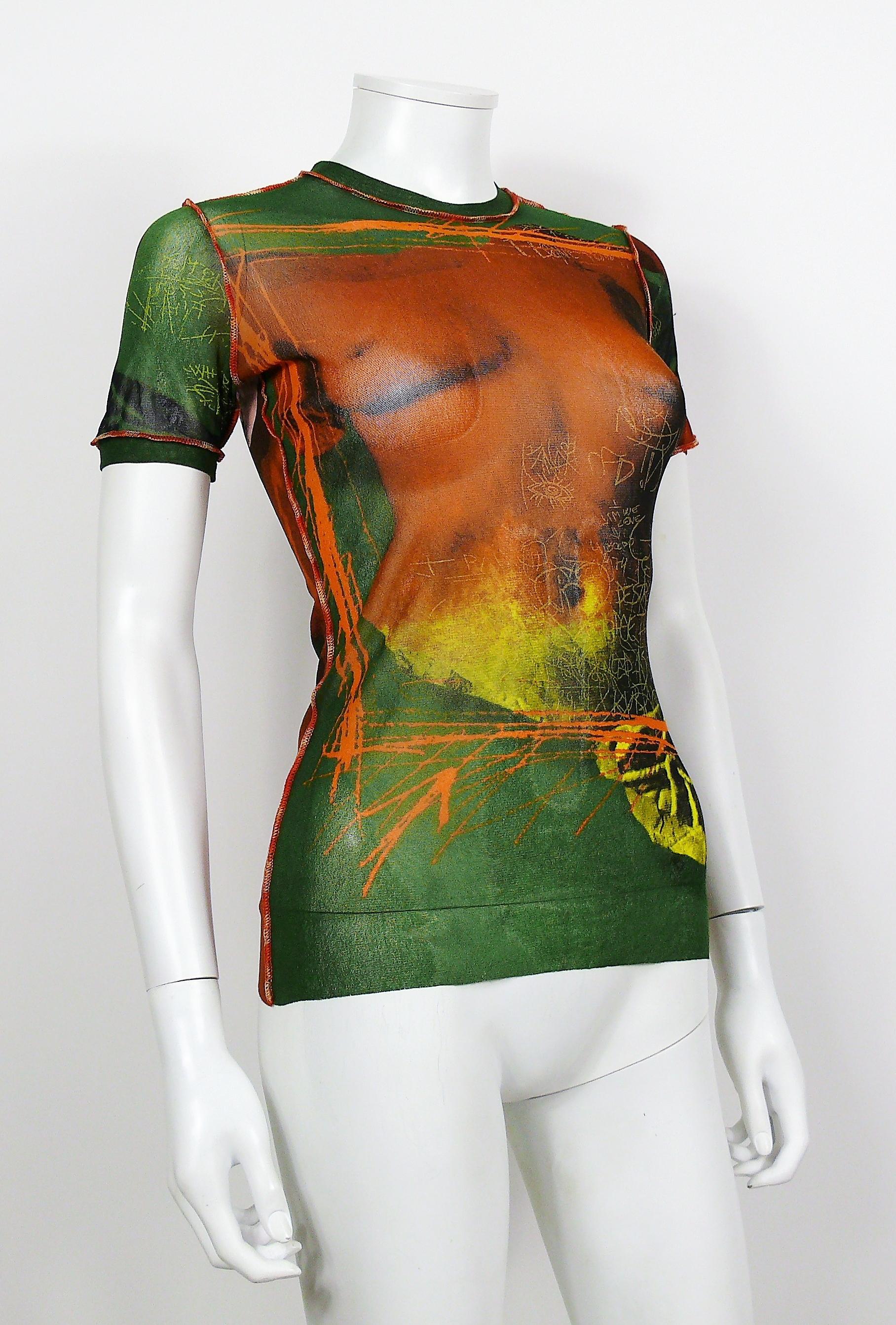 JEAN PAUL GAULTIER vintage Venus de Milo sheer mesh top featuring graffitis.

Label reads JEAN PAUL GAULTIER Maille.
Made in Italy.

Size label reads : S.
Please refer to measurements.

Missing composition tag (probably 100% Nylon).

Indicative