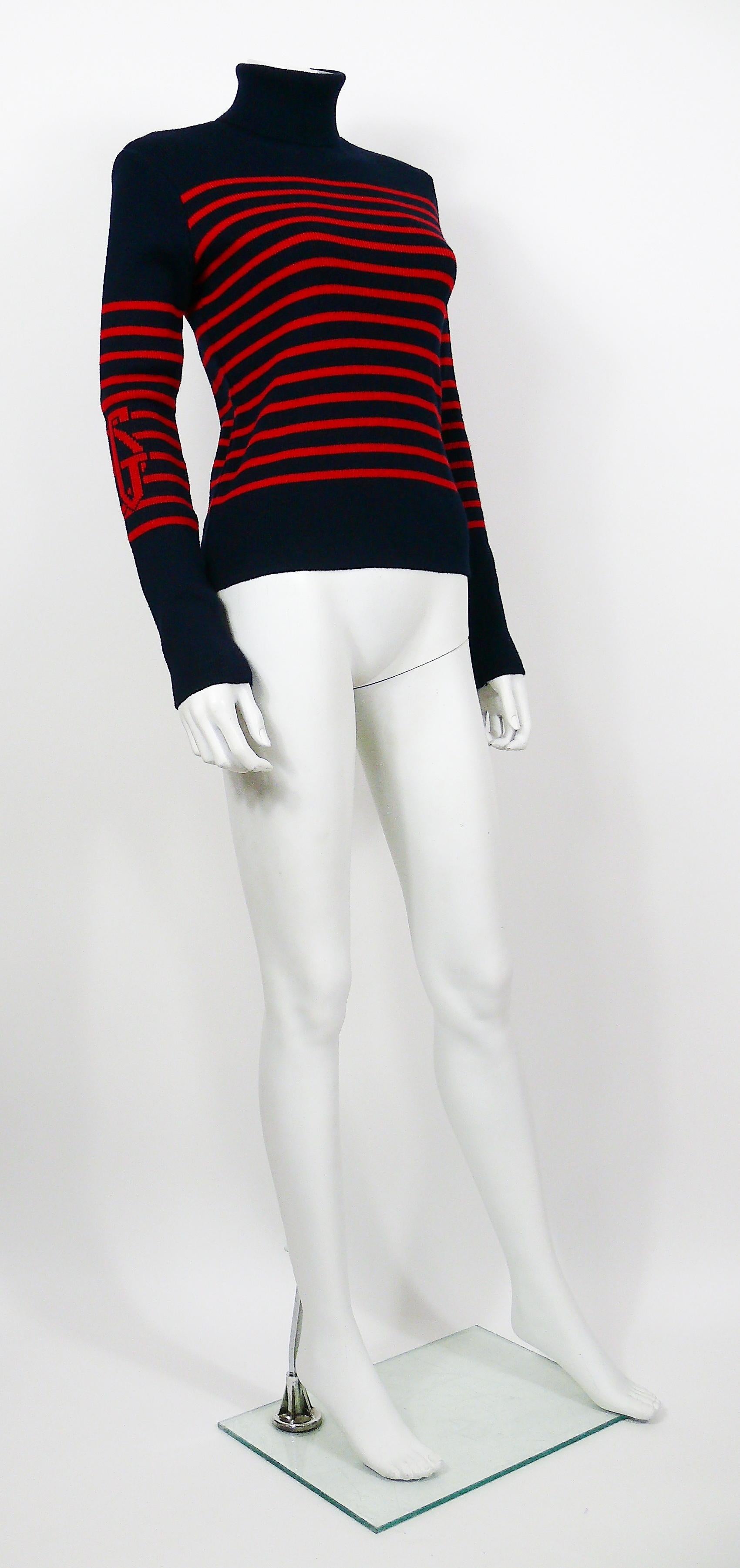 JEAN PAUL GAULTIER vintage iconic wool blend navy blue/red matelot sweater featuring large JPG monogram on each sleeve.

Turtle neck.
Long sleeves.

Label reads JPG JEAN'S DONNA.
Made in Italy.

Composition label reads : 50% Acrylic / 50%
