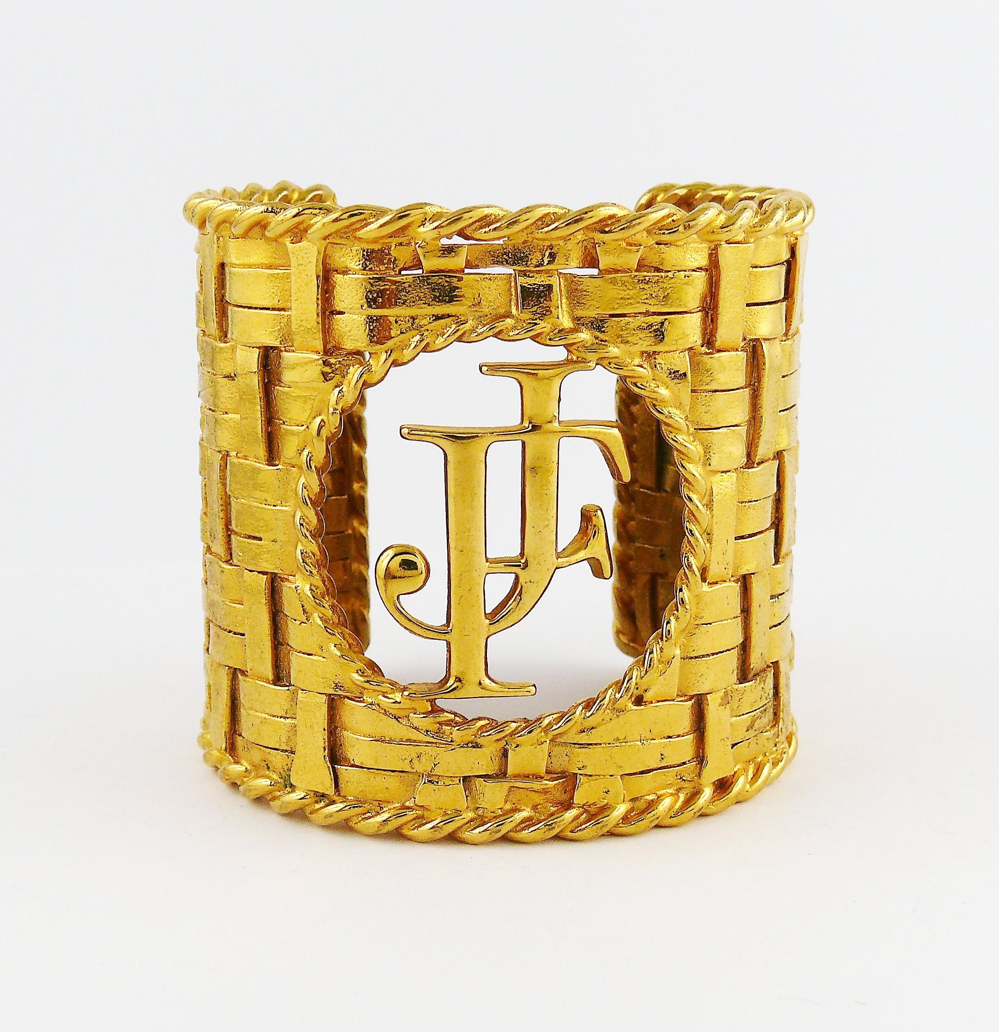 Women's Vintage Couture Massive Gold Toned Woven Cuff Bracelet JF Monogram For Sale
