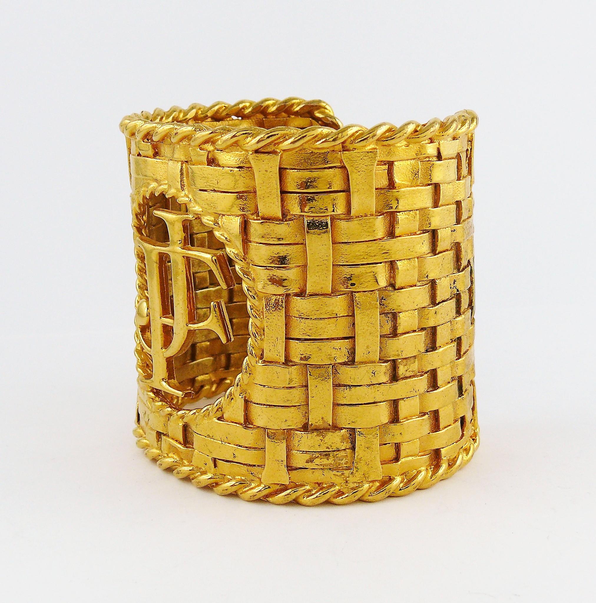 Vintage Couture Massive Gold Toned Woven Cuff Bracelet JF Monogram For Sale 2
