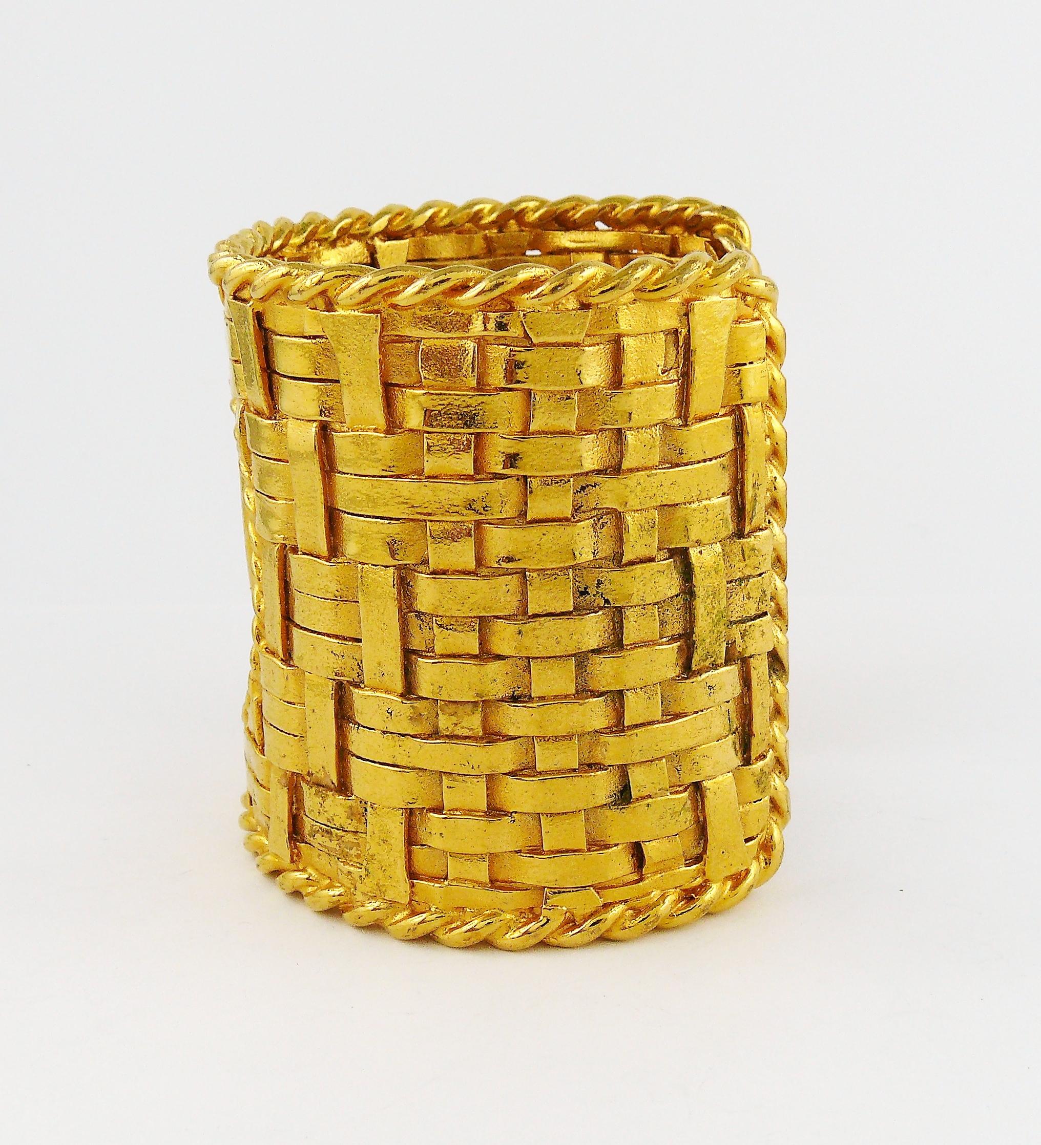 Vintage Couture Massive Gold Toned Woven Cuff Bracelet JF Monogram For Sale 3