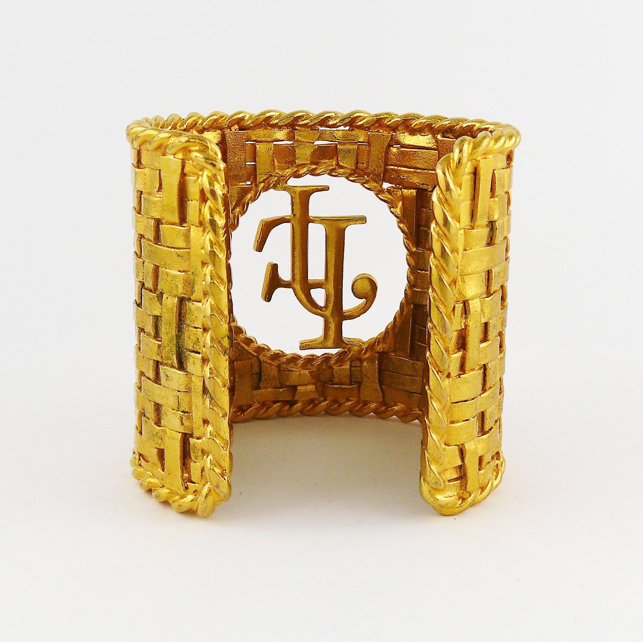 Vintage Couture Massive Gold Toned Woven Cuff Bracelet JF Monogram For Sale 4