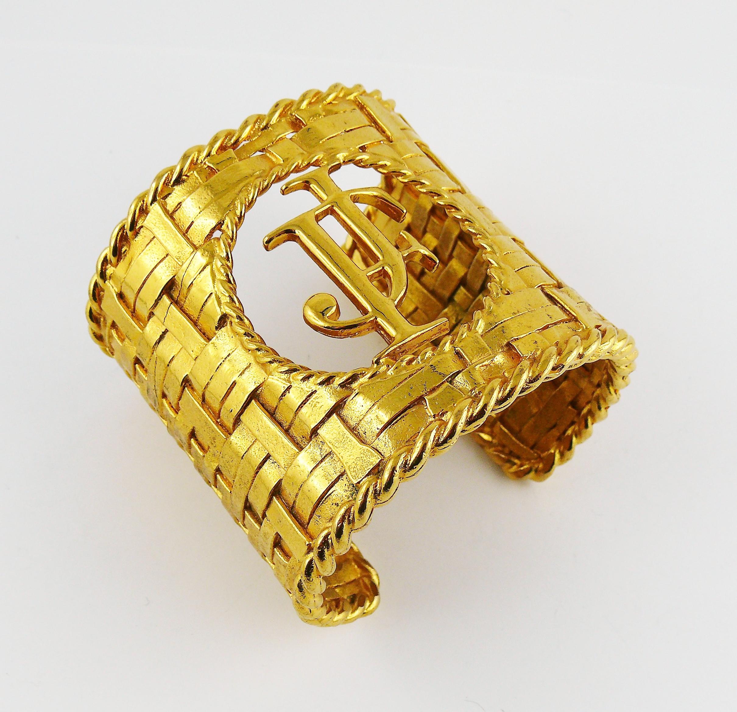 Vintage Couture Massive Gold Toned Woven Cuff Bracelet JF Monogram For Sale 1