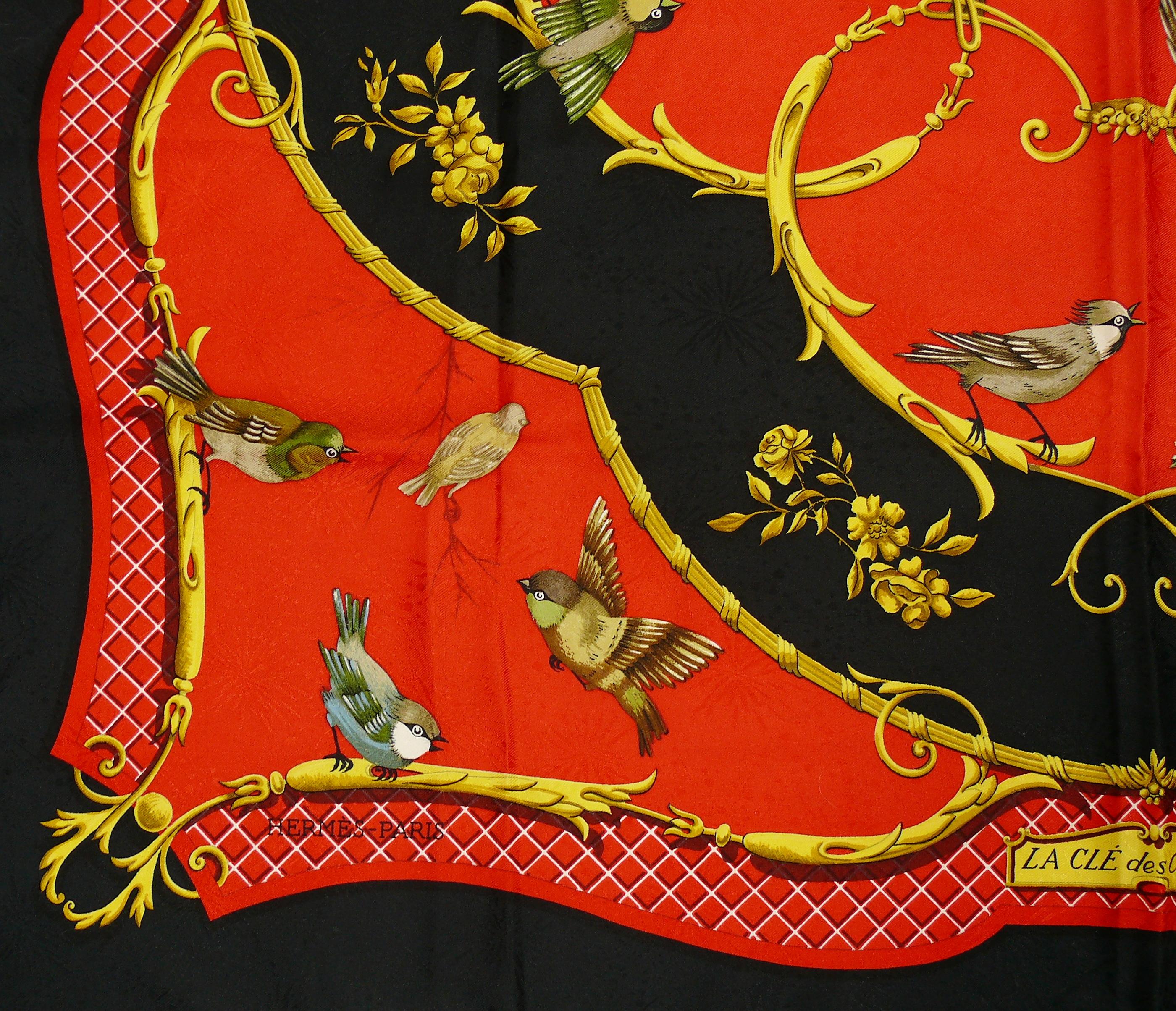 Red Hermes Vintage Jacquard Silk Carre Scarf La Cle des Champs by Francoise Faconnet