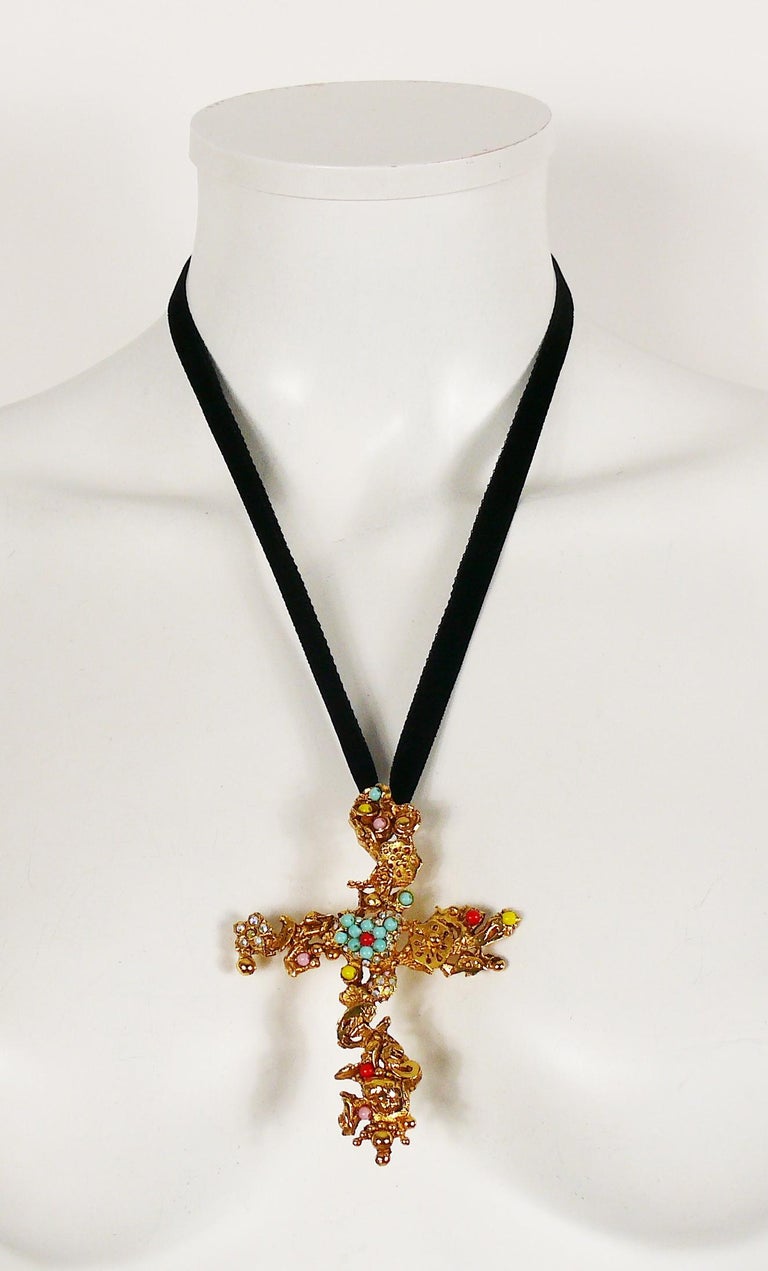 Christian Lacroix Vintage Gold Toned Jewelled Cross Pendant Necklace at
