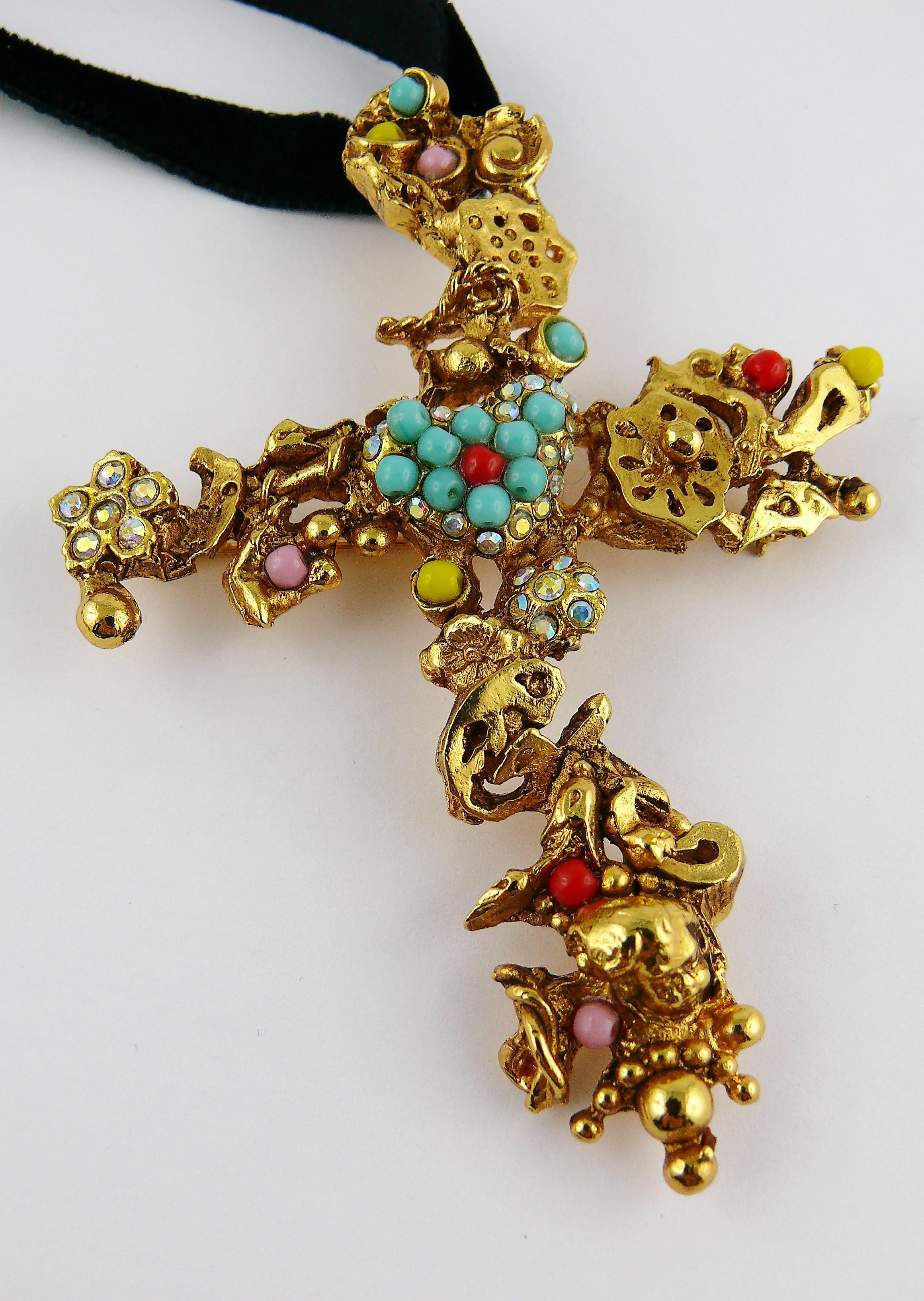Christian Lacroix Vintage Gold Toned Jewelled Cross Pendant Necklace 1