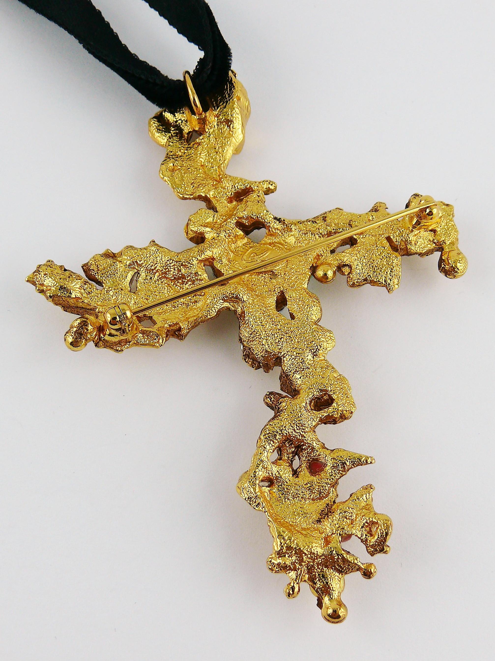 Christian Lacroix Vintage Gold Toned Jewelled Cross Pendant Necklace 3
