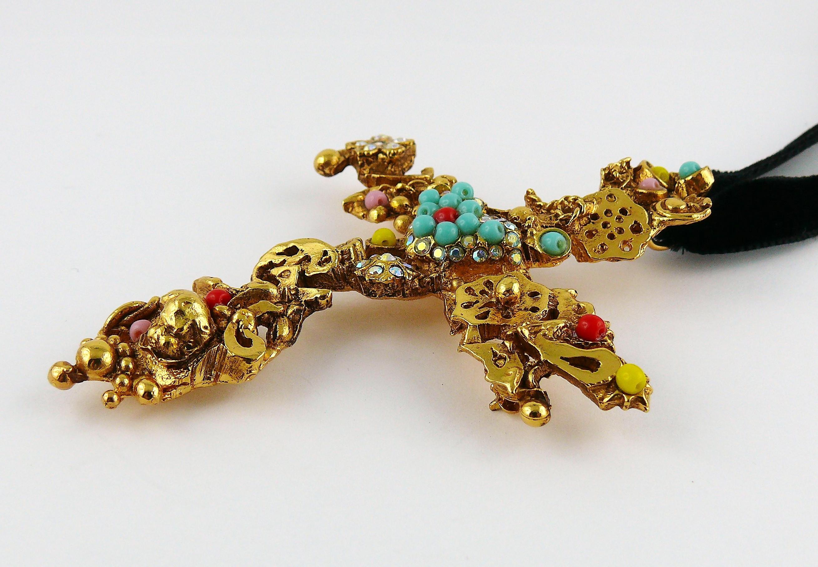 Women's or Men's Christian Lacroix Vintage Gold Toned Jewelled Cross Pendant Necklace