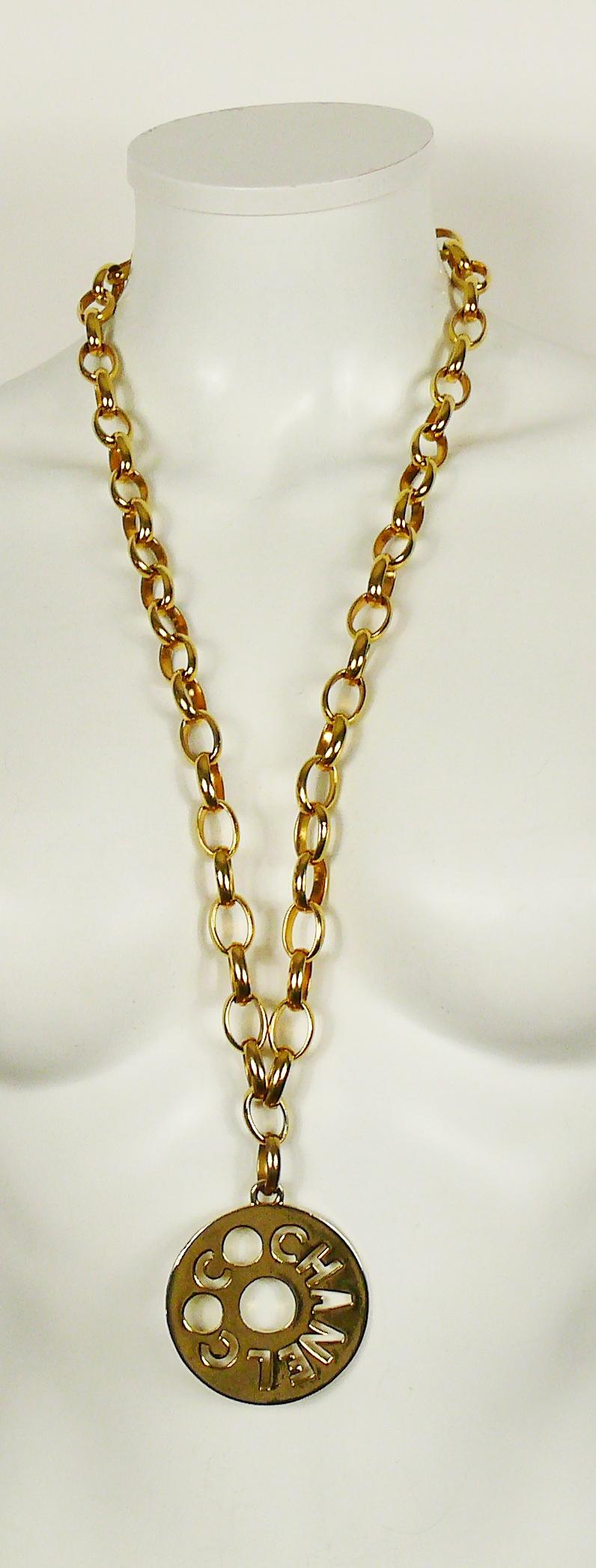 CHANEL vintage gold toned long chunky link chain necklace featuring a massive COCO CHANEL cutout openwork medallion pendant.

Can be used as a single/double strand necklace or as a belt.

Hook closure.
Adjustable length.

Embossed CHANEL on the