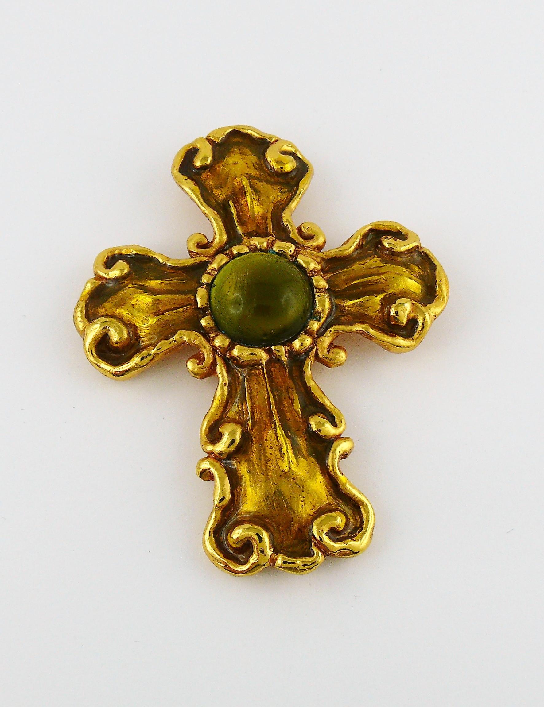 Christian Lacroix Vintage Gold Toned Enameled Cross Pendant Necklace 1