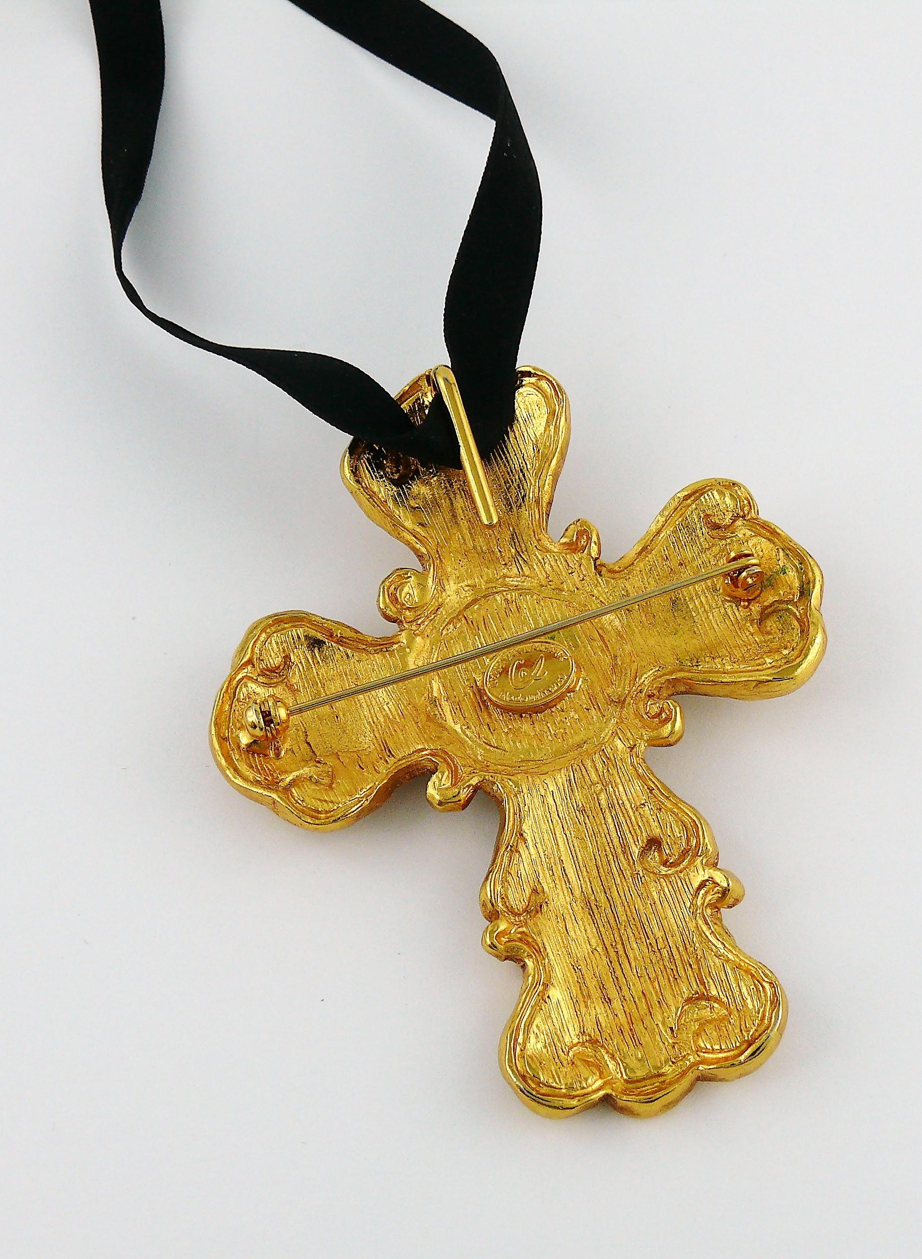 Christian Lacroix Vintage Gold Toned Enameled Cross Pendant Necklace 3