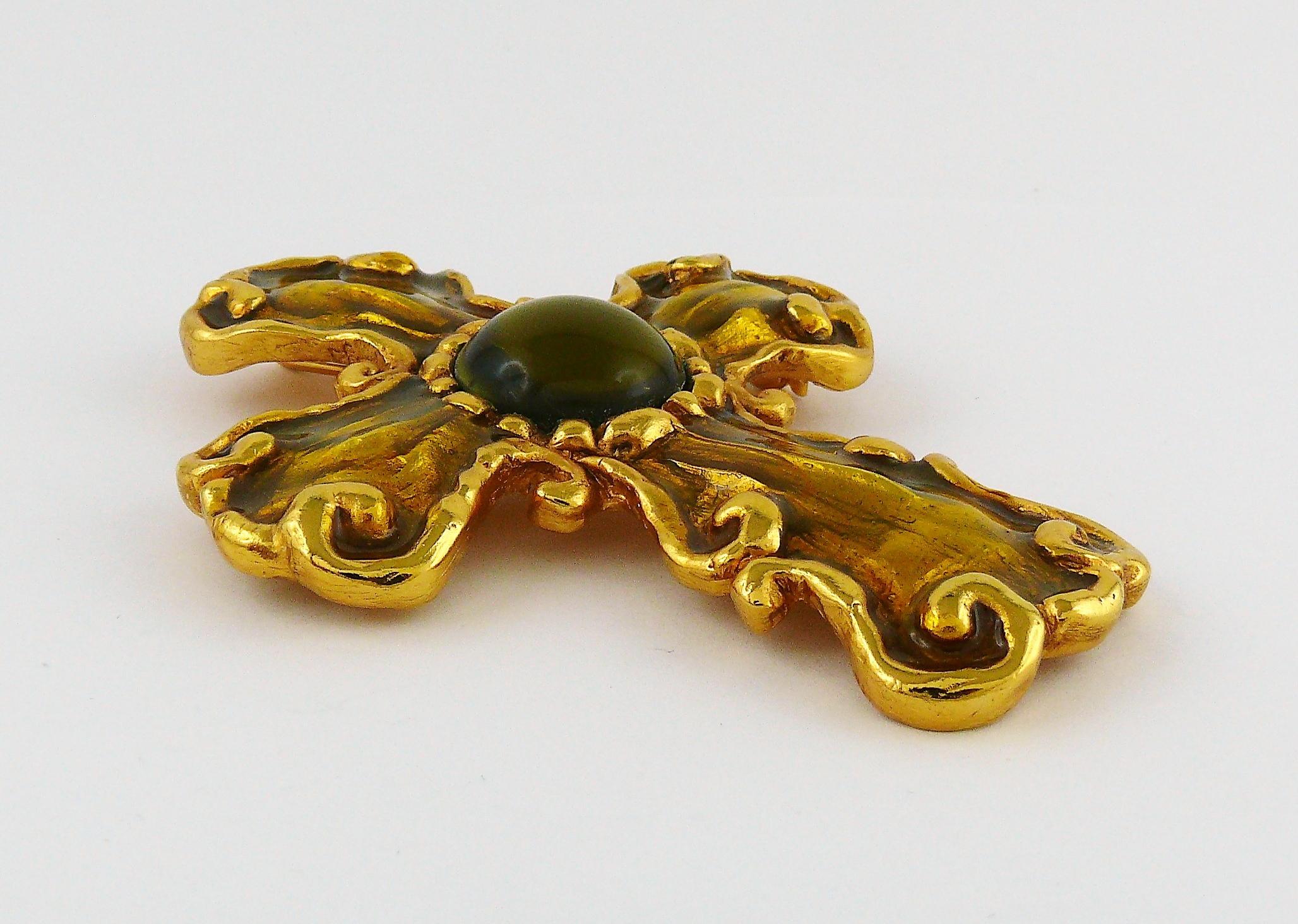 Women's Christian Lacroix Vintage Gold Toned Enameled Cross Pendant Necklace