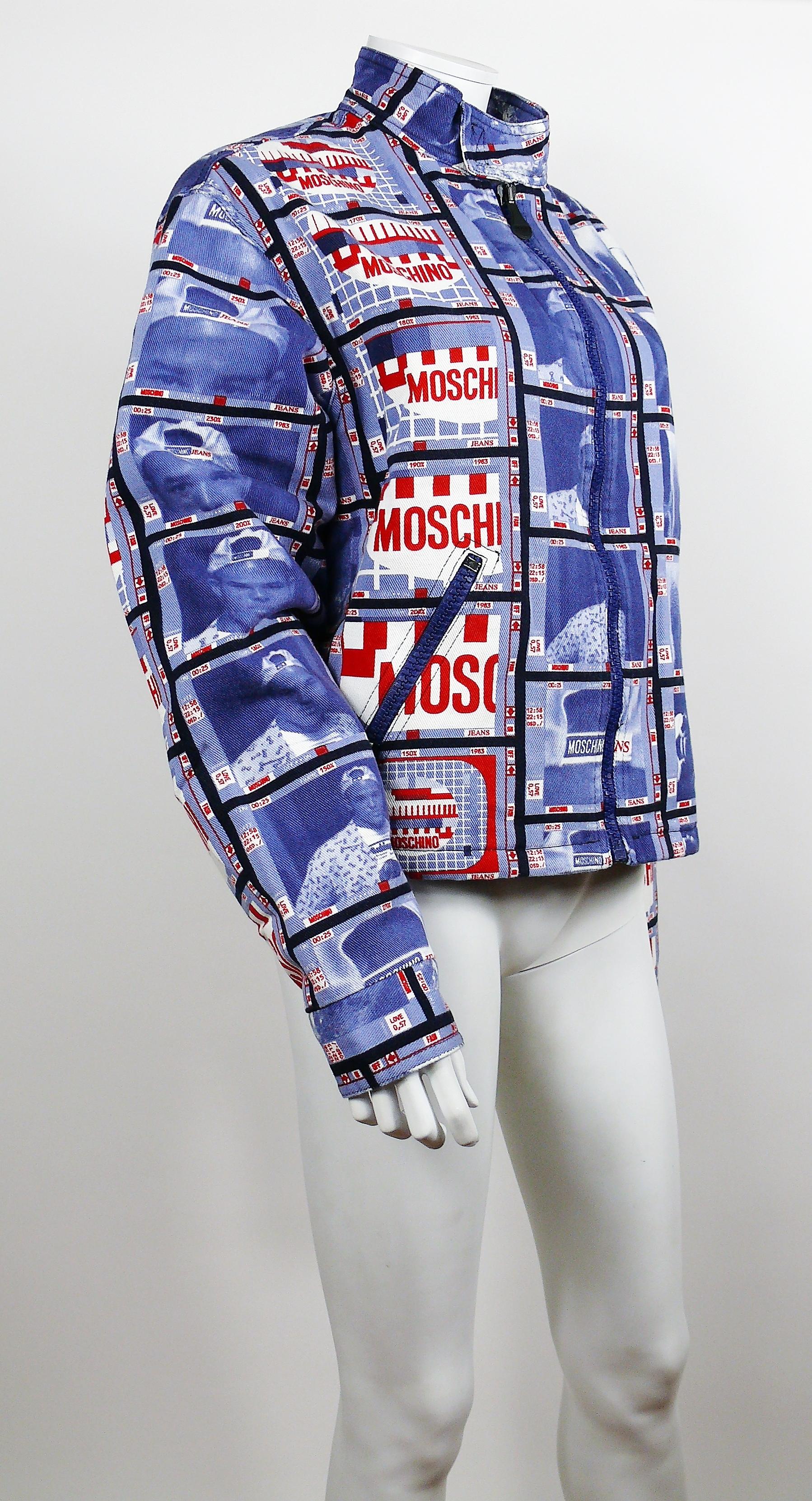 MOSCHINO vintage 1990s rare and iconic TV screen print jacket.

This jacket features :
- Opulent blue/white/red TV screen print with MOSCHINO all over.
- Mandarin collar with velcro closure.
- Front zipper closure.
- Two zippered side pockets.
-