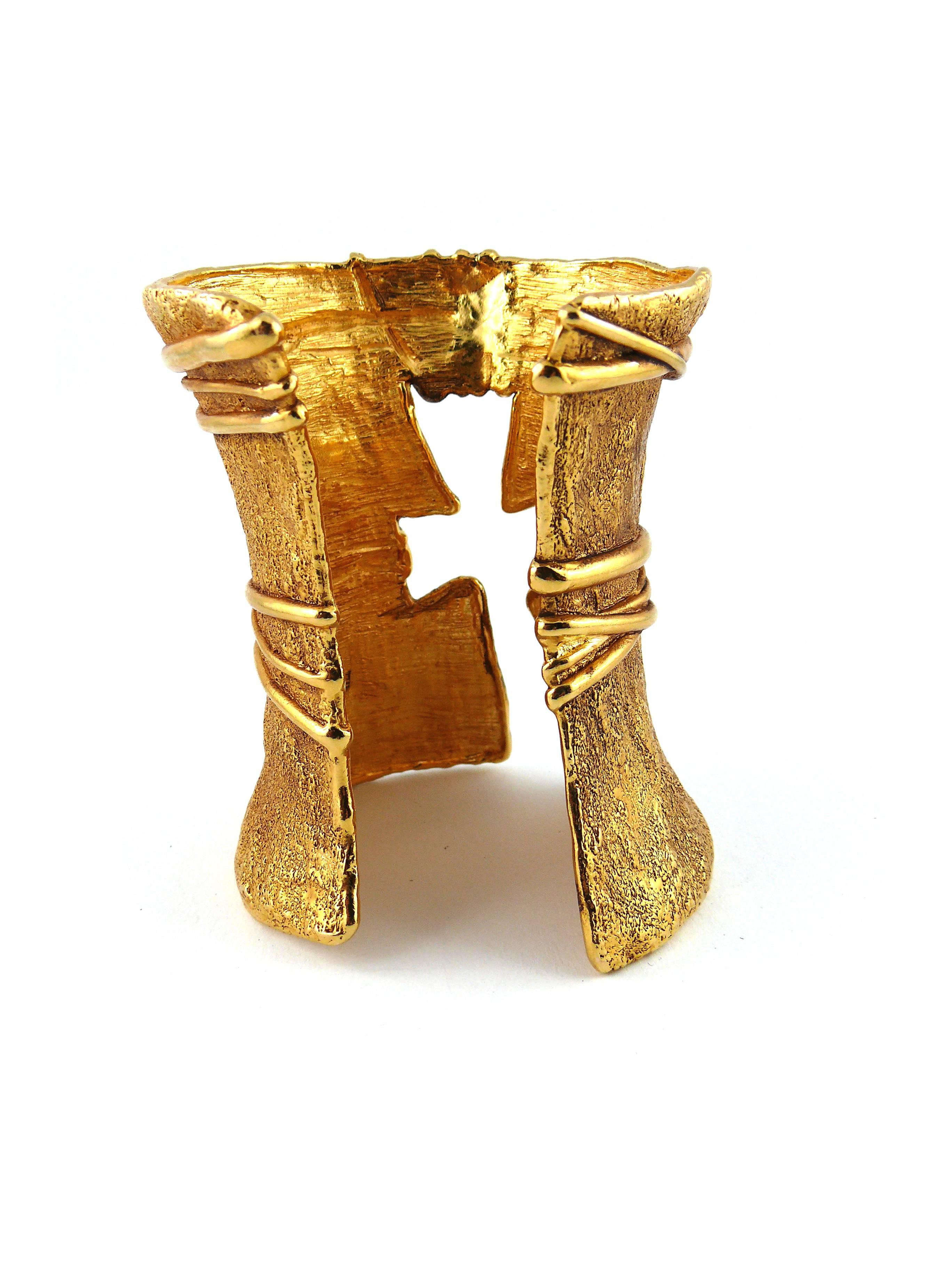 Christian Lacroix Massive Vintage Gold Textured Cut Out Cross Cuff Bracelet 3