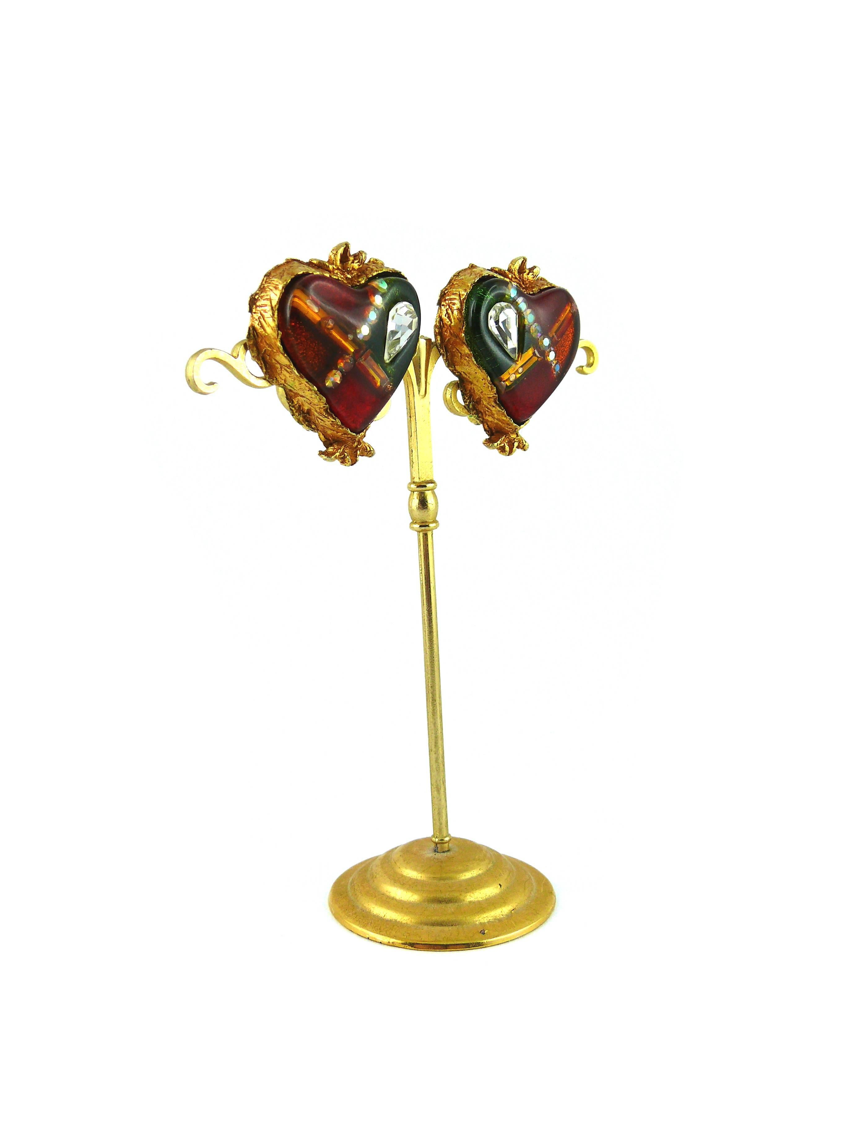 Women's Christian Lacroix Vintage Resin Inlaid Jewelled Heart Clip-On Earrings