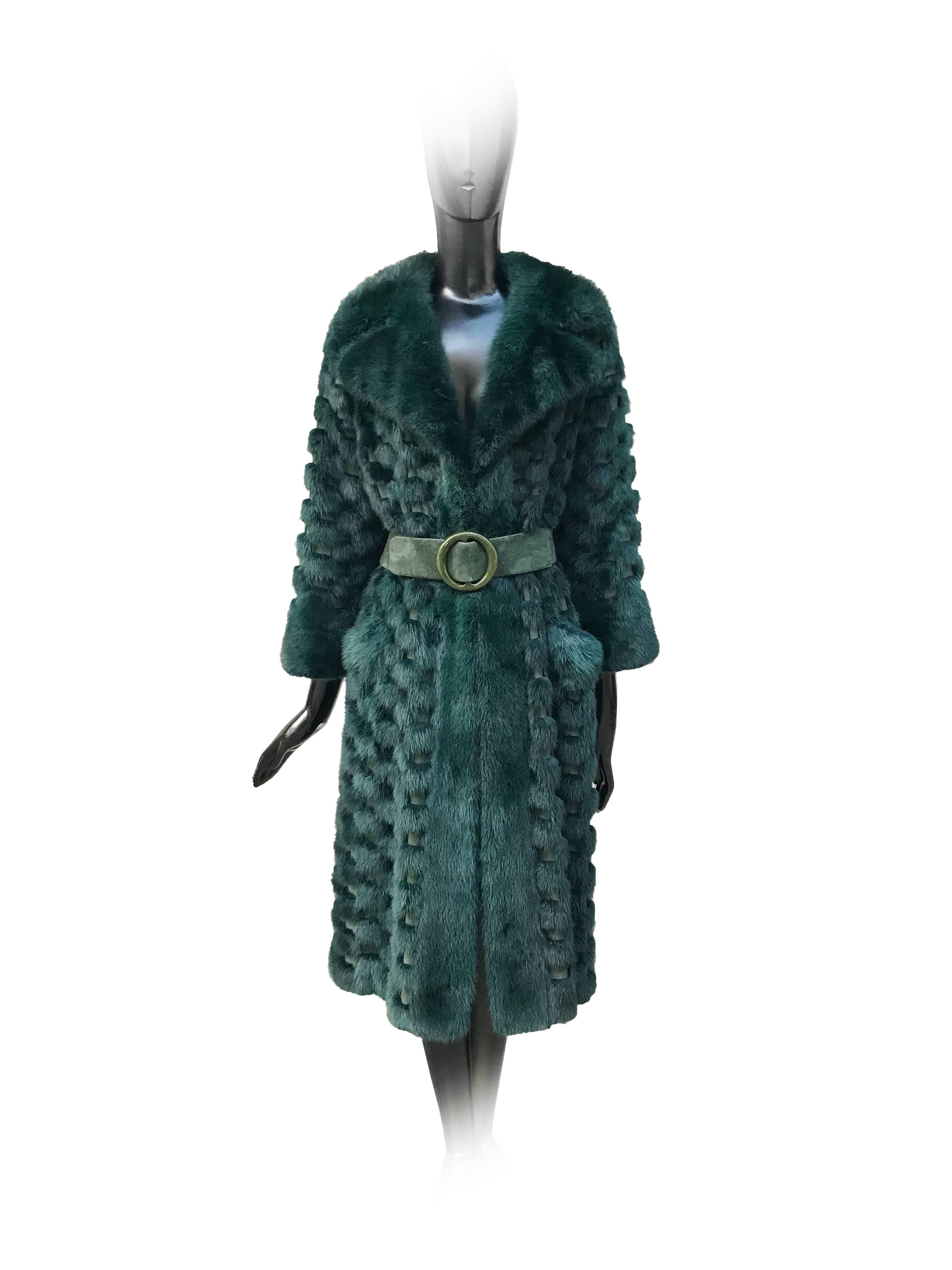 Black Christian Dior Rare Vintage Forest Green Mink/Leather basketweave coat.
