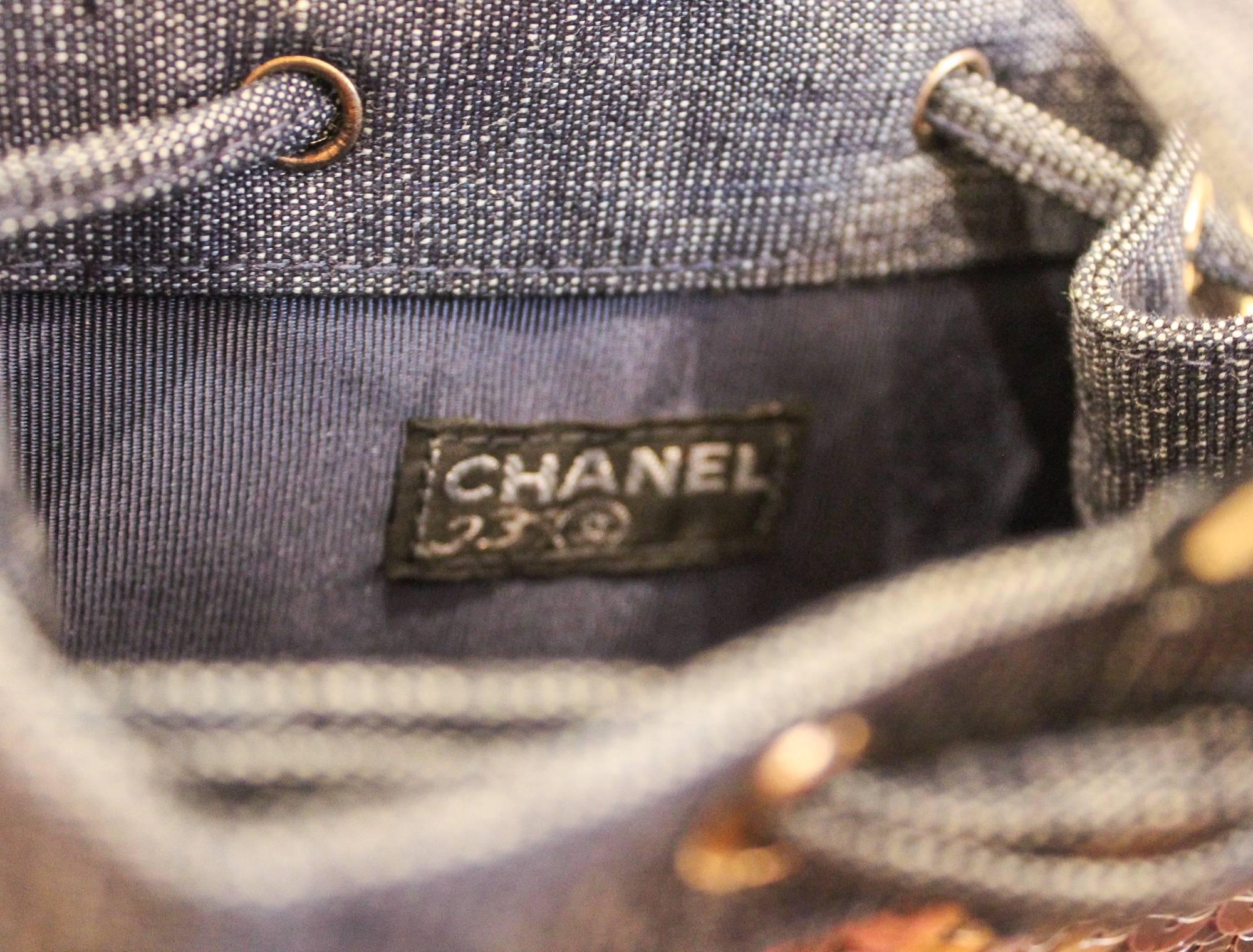 Black Chanel Vintage Denim Sequin Mini Bucket Bag For Sale