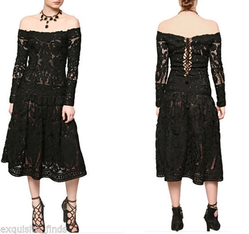 New Salvatore Ferragamo black wool crochet macramé dress In New Condition In Montgomery, TX