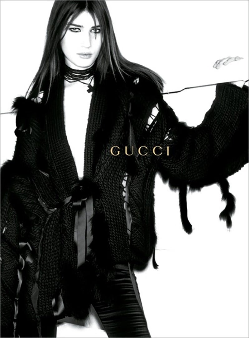 F/W 2002 TOM FORD for GUCCI BLACK WOOL SWEATER COAT w/ RIBBONS and FOX FUR