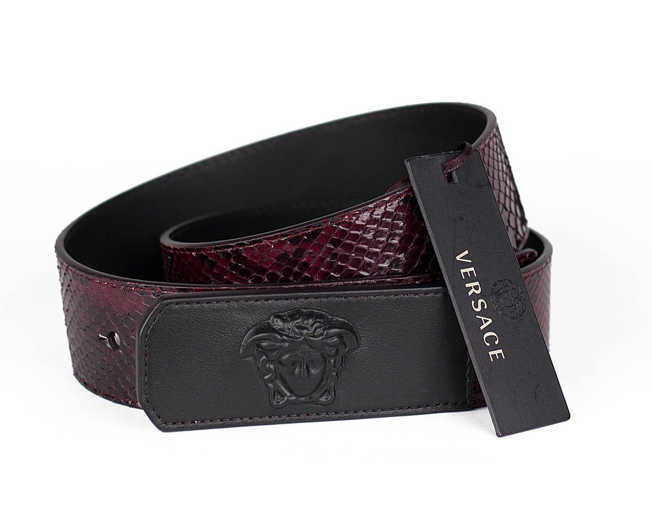 Versace

burgundy python

black leather Medusa buckle and lining

Made in Italy

2