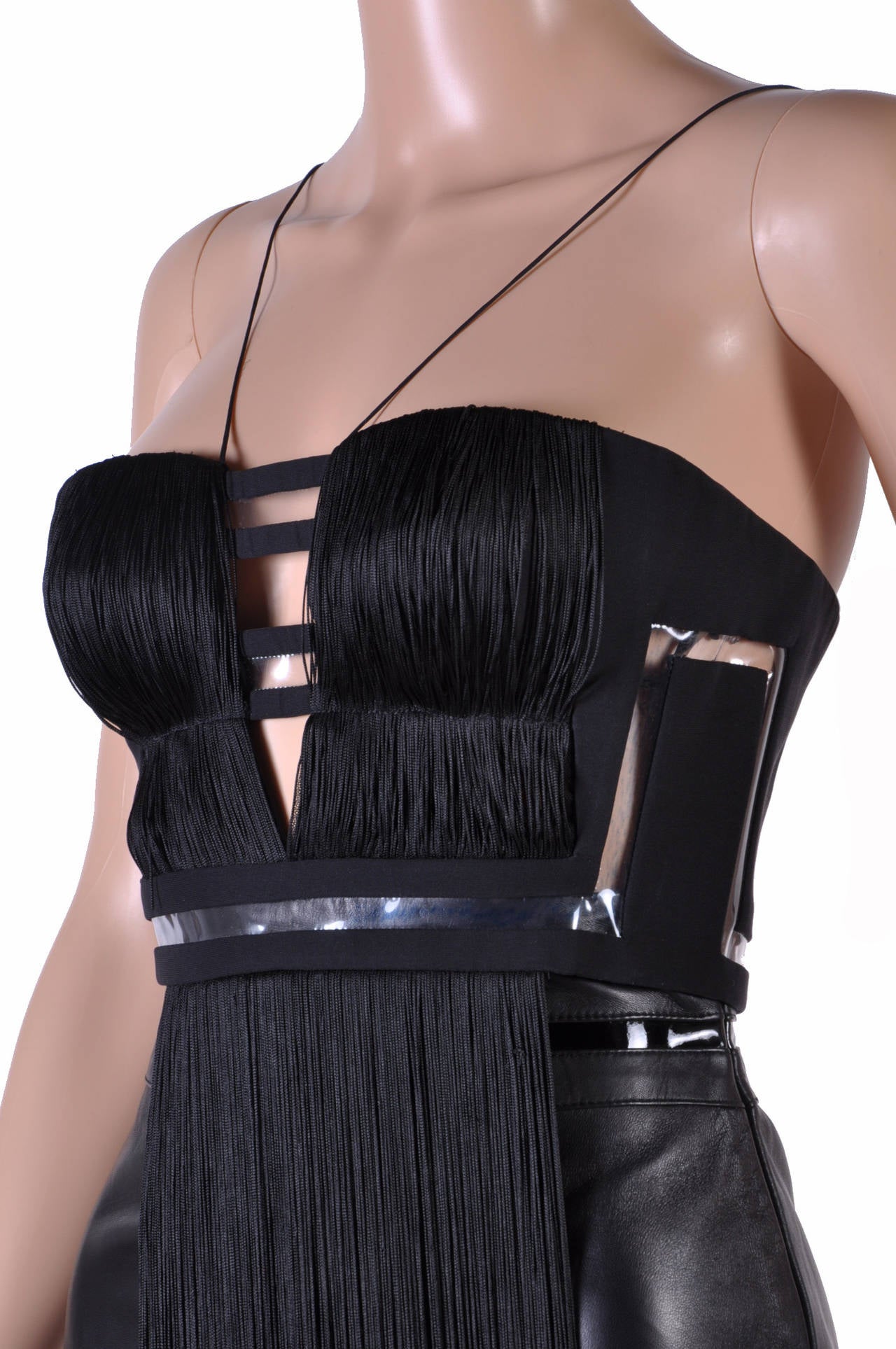 New Versace Black Silk Fringe Top and Leather Skirt For Sale at 1stDibs
