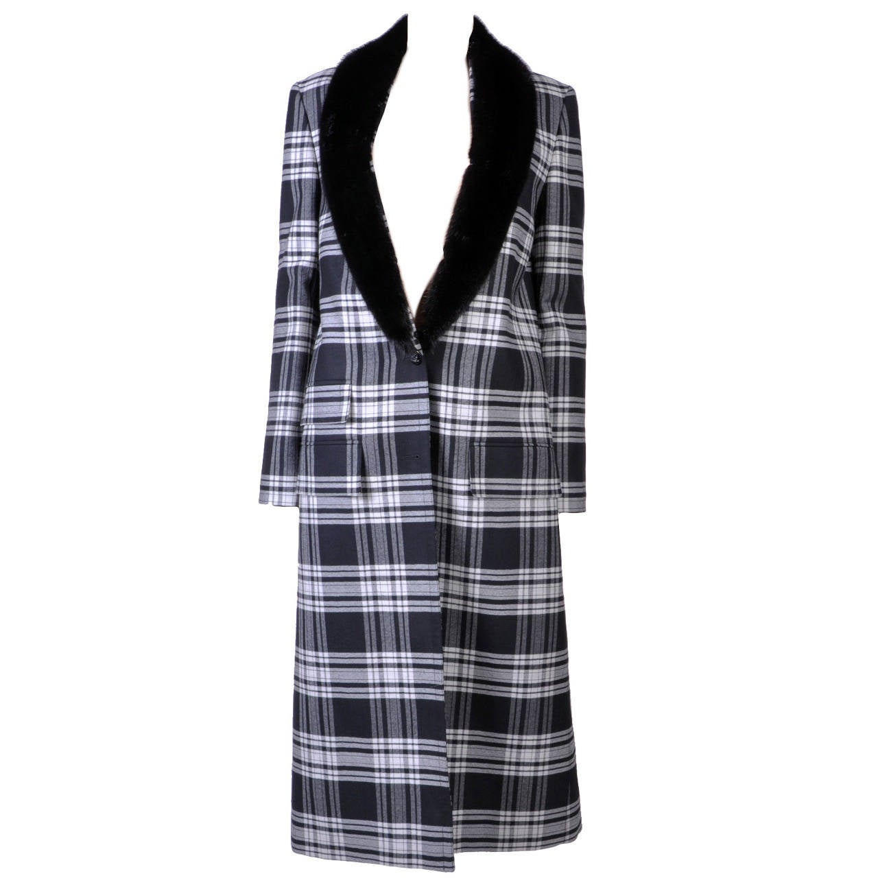 New VERSACE Wool Tartan Plaid Coat With Mink Fur For Sale