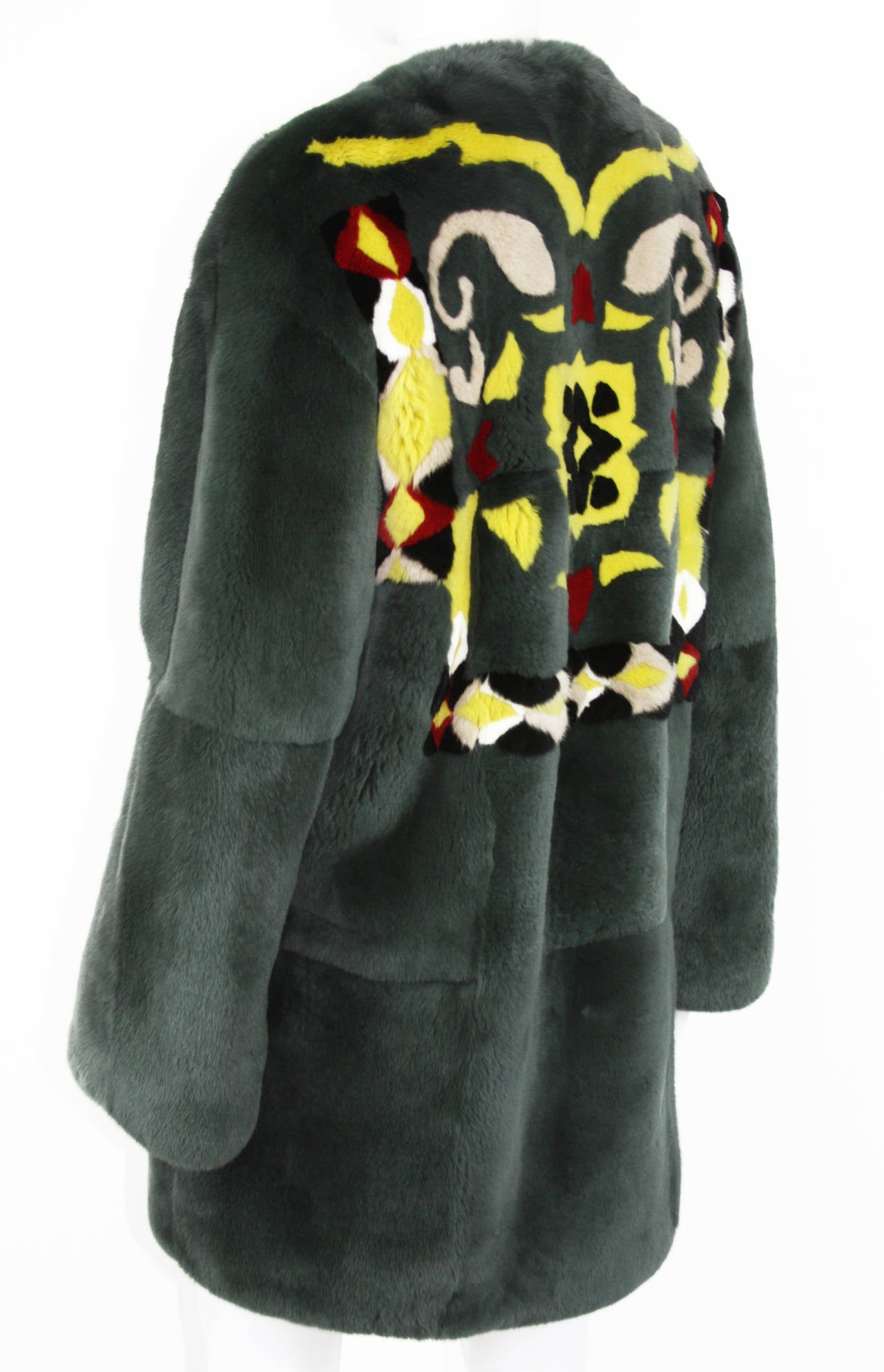 NEW ETRO RUNWAY FUR COAT 

ITALIAN SIZE 42 – US 6

100% LAPIN (RABBIT)

COLORS – GREEN/GRAY, YELLOW, BLACK, BEIGE, RED, WHITE

ABSTRACT DESIGN AT BACK

ZIPPER CLOSURE

TWO FRONT POCKETS

FULLY LINED
 
MEASUREMENTS FLAT: LENGTH - 33