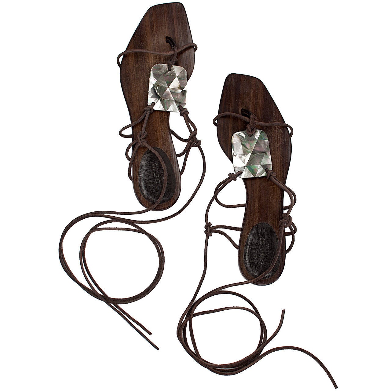 Tom Ford Gucci Brown Leather Strappy Mother-Of-Pearl Sandals