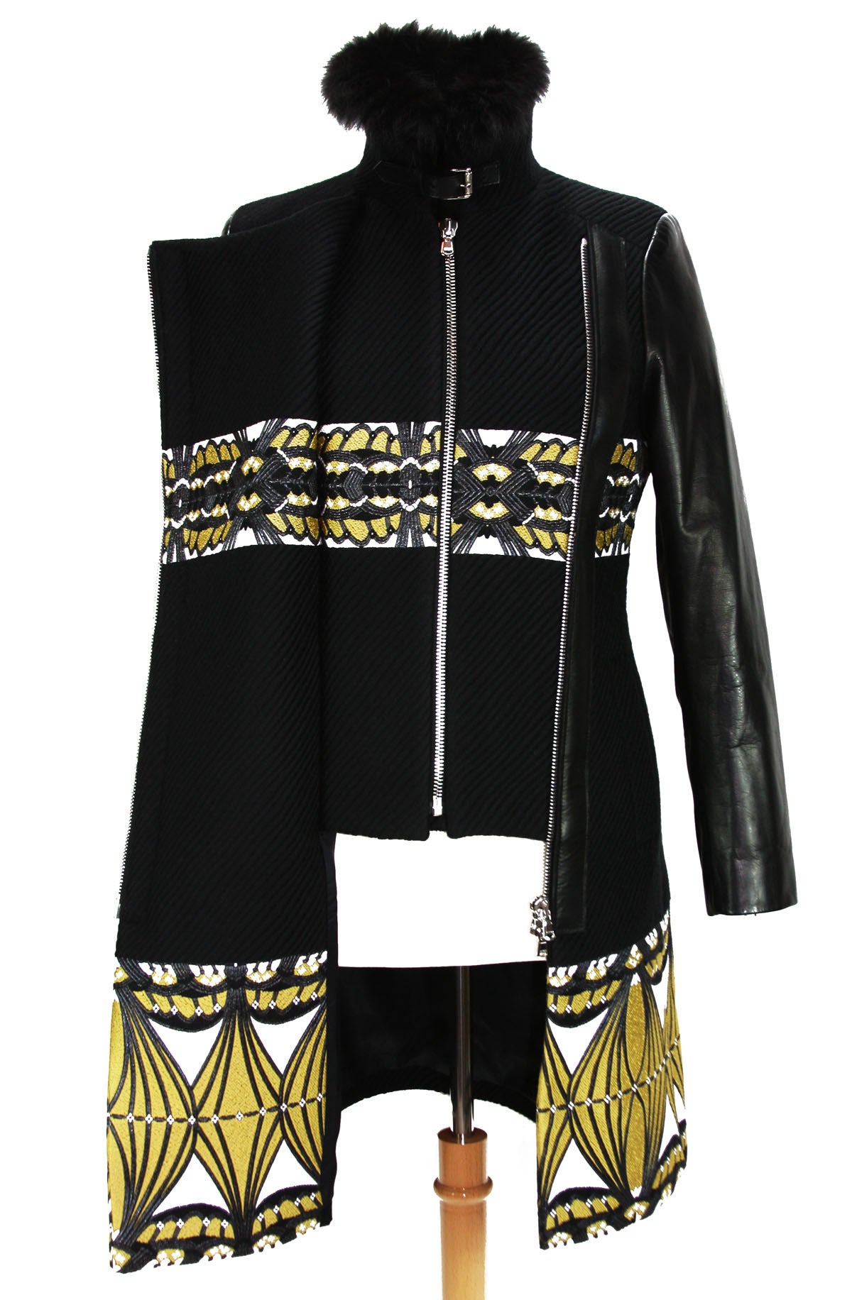 Women's New ETRO RUNWAY Black Yellow COAT with FOX FUR and LEATHER
