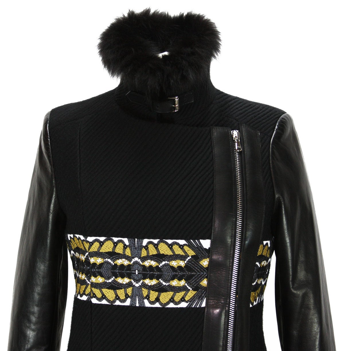 New ETRO RUNWAY Black Yellow COAT with FOX FUR and LEATHER In New Condition In Montgomery, TX