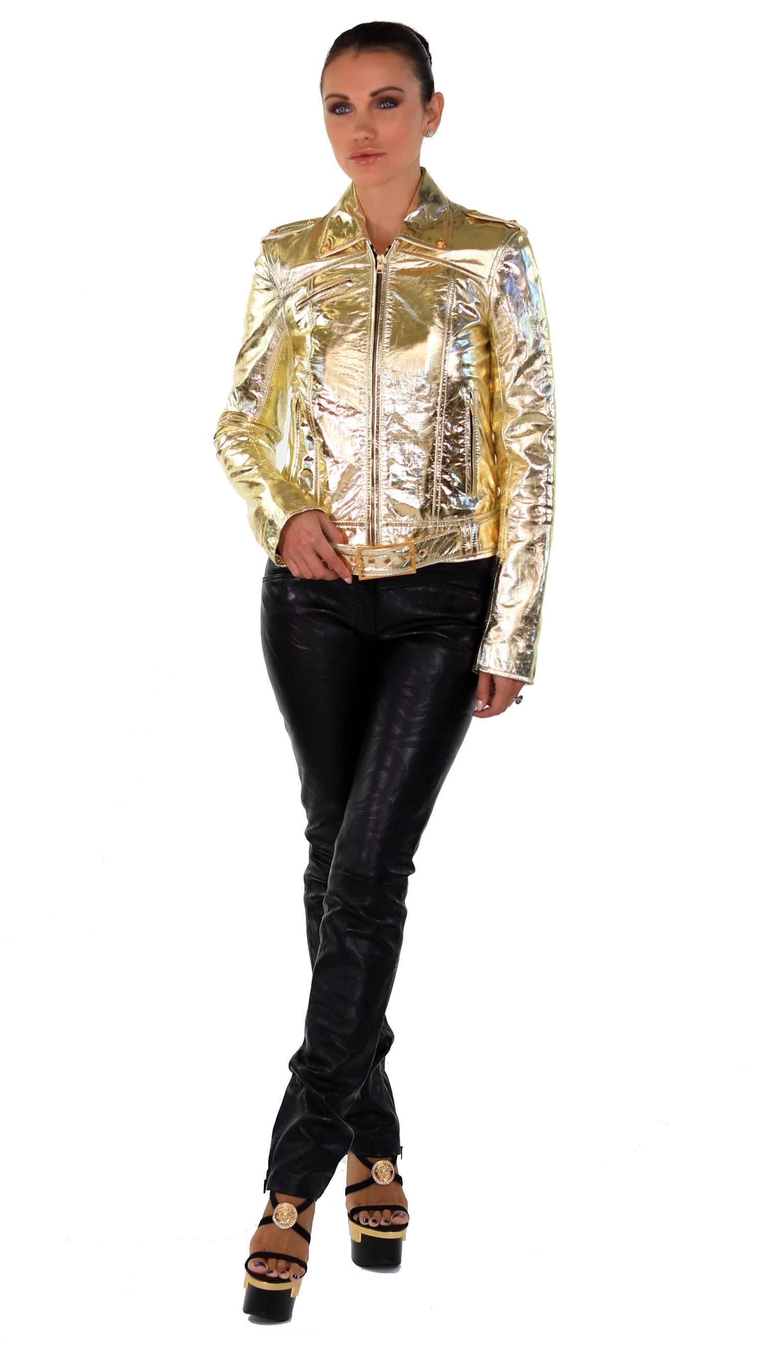 Gold VERSACE VERSUS GOLD METALLIC LEATHER BIKER JACKET with EMBROIDERY